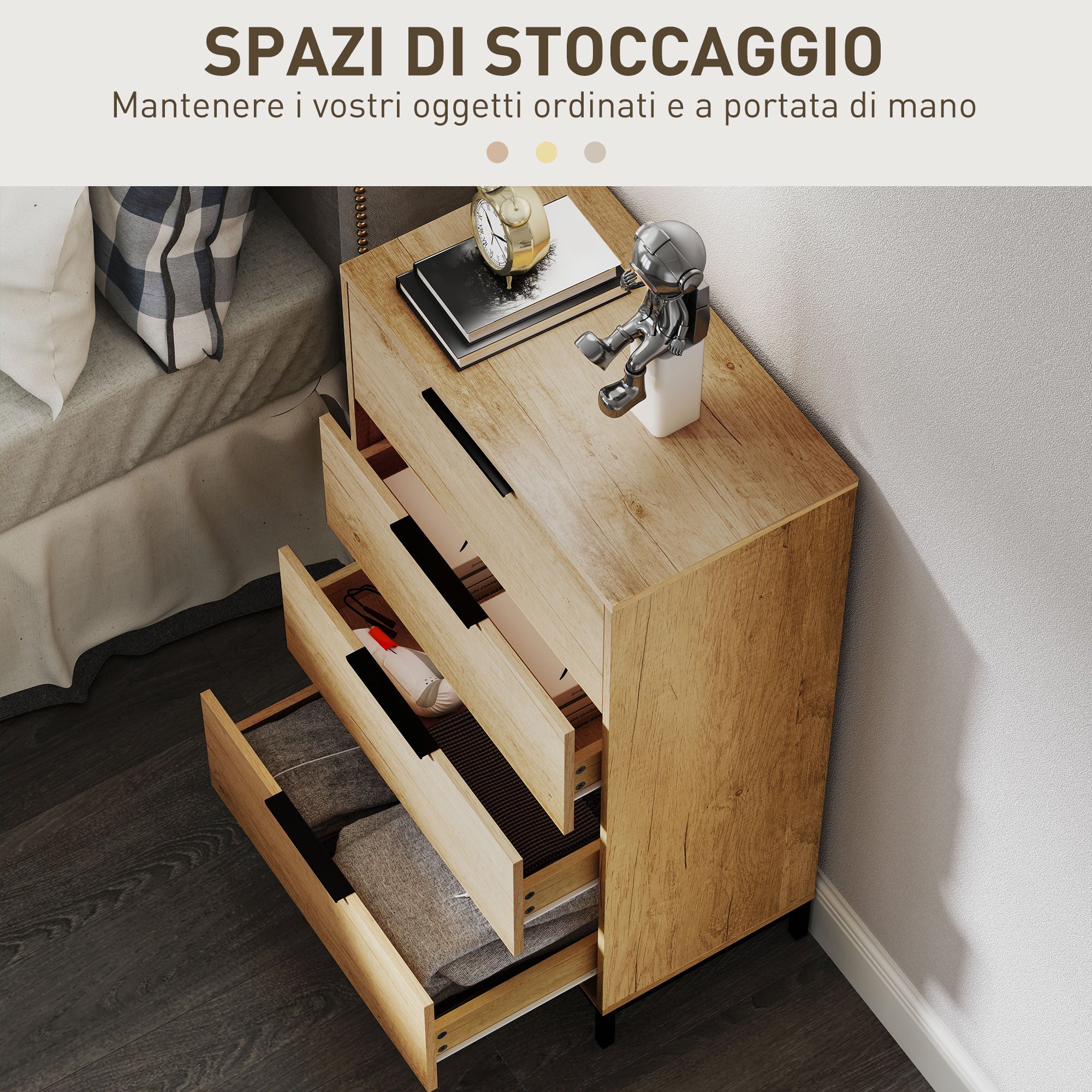 4-Drawer Anti-Tip Chest with Black Handles, Chipboard and Metal, 62x35x105 cm, Light Brown