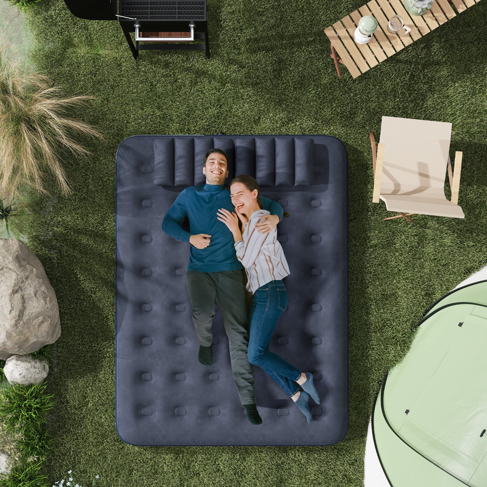 Air Mattress for 2 Persons Self-Inflating Sleeping Pad Air Bed with Hand Pump Pillows Inflatable Mattress Guest Bed Sleeping Mat for Camping Home Use 203 x 152 x 22 cm