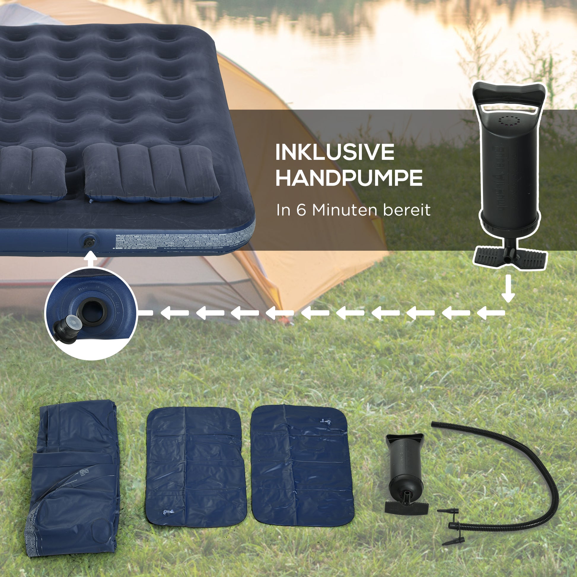 Air Mattress for 2 Persons Self-Inflating Sleeping Pad Air Bed with Hand Pump Pillows Inflatable Mattress Guest Bed Sleeping Mat for Camping Home Use 203 x 152 x 22 cm