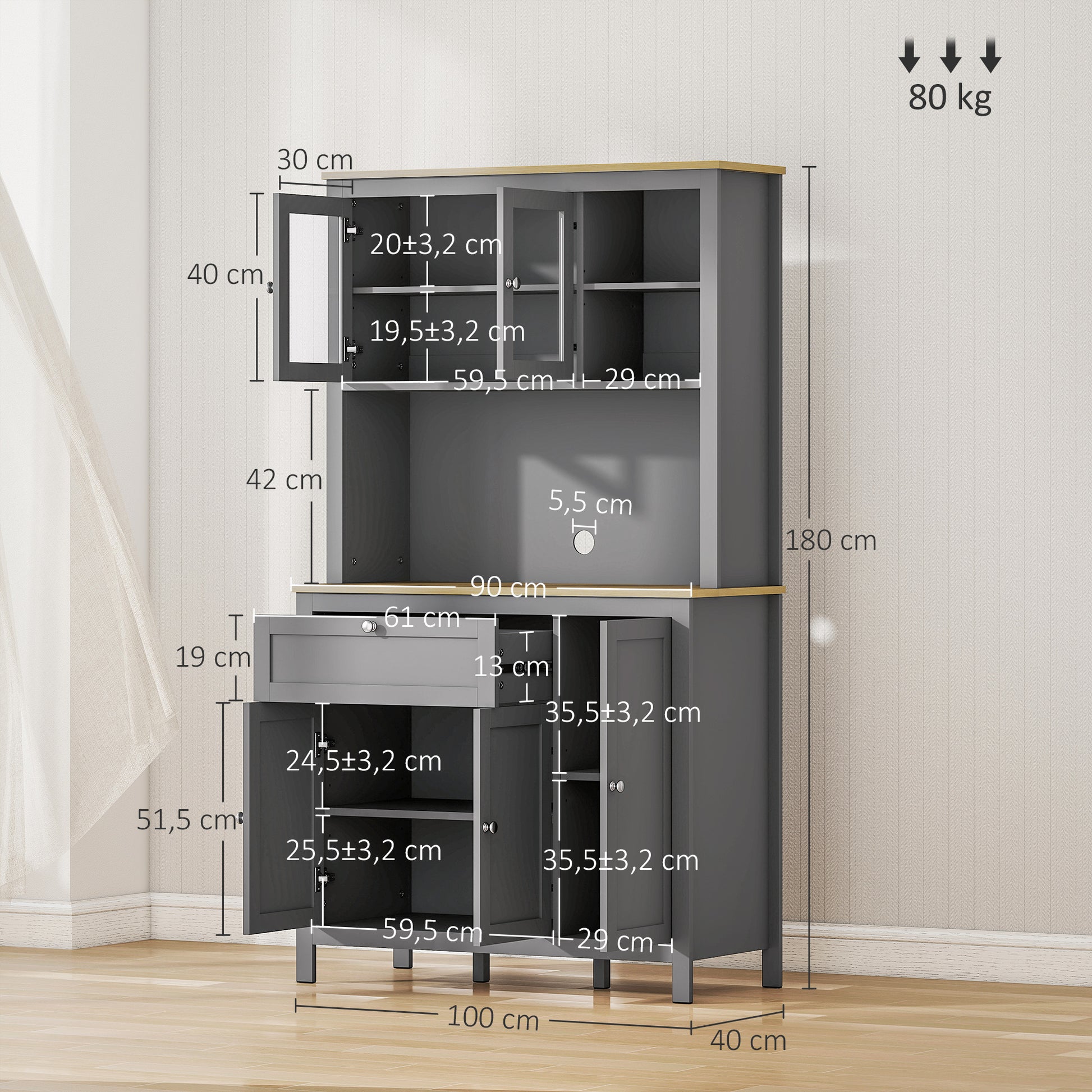 Kitchen Cabinet, kitchen buffet with worktop, large sideboard with 3 cupboards, drawer, niches, cable management, adjustable shelves and glass doors, modern style, 100x40x180 cm, gray