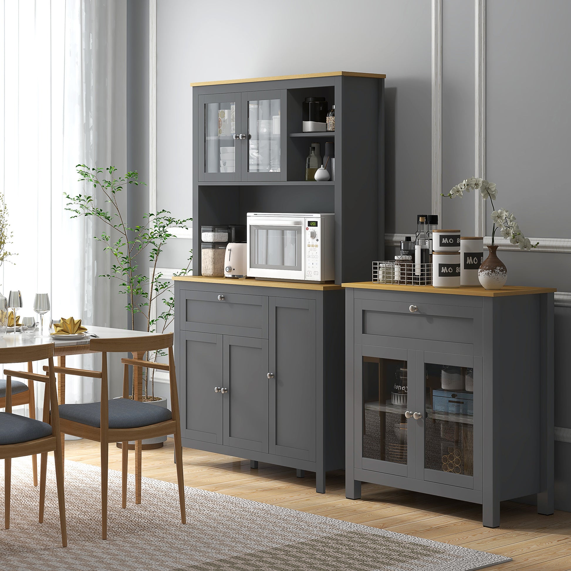 Kitchen Cabinet, kitchen buffet with worktop, large sideboard with 3 cupboards, drawer, niches, cable management, adjustable shelves and glass doors, modern style, 100x40x180 cm, gray