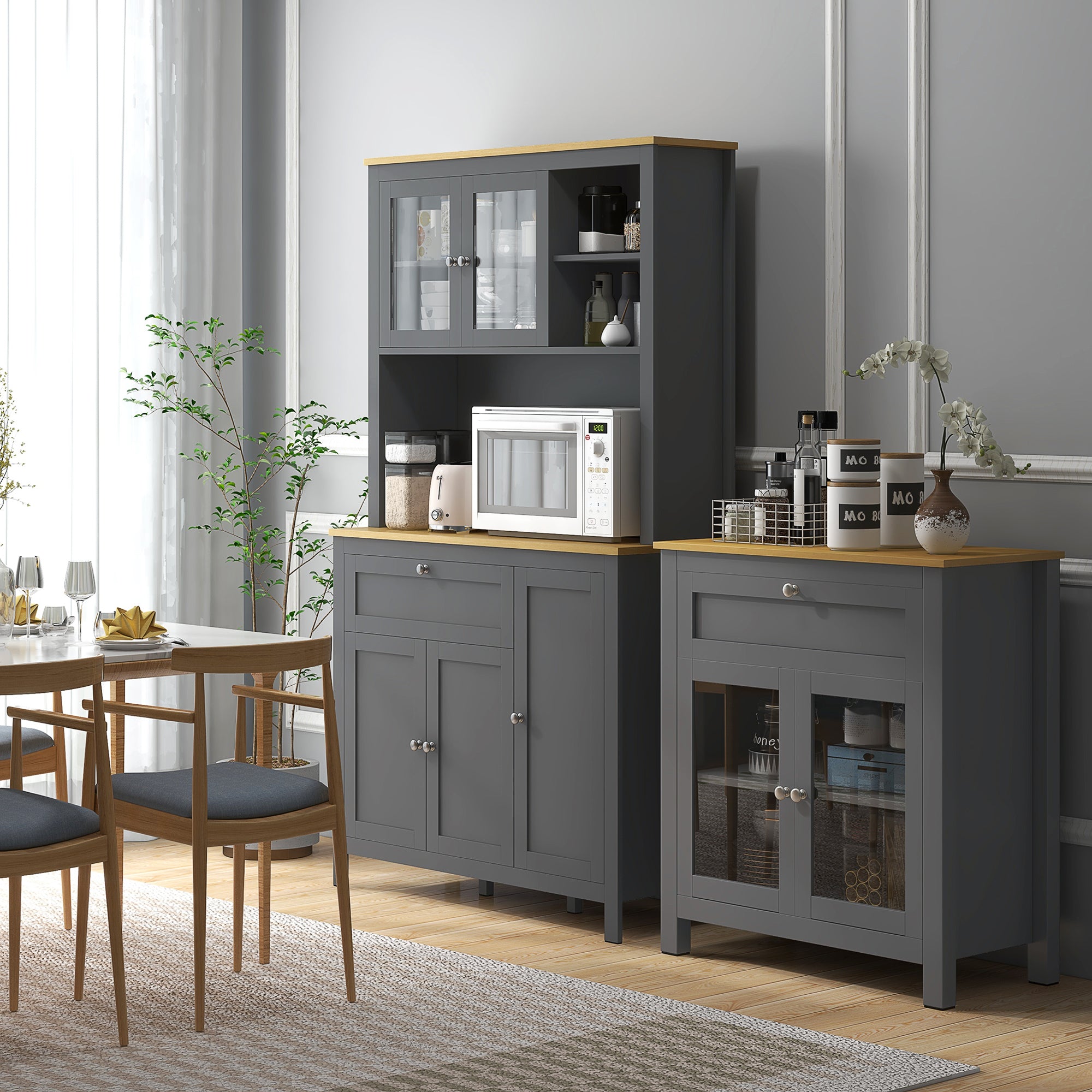 Kitchen Cabinet, kitchen buffet with worktop, large sideboard with 3 cupboards, drawer, niches, cable management, adjustable shelves and glass doors, modern style, 100x40x180 cm, gray
