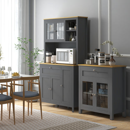 Kitchen Cabinet, kitchen buffet with worktop, large sideboard with 3 cupboards, drawer, niches, cable management, adjustable shelves and glass doors, modern style, 100x40x180 cm, gray