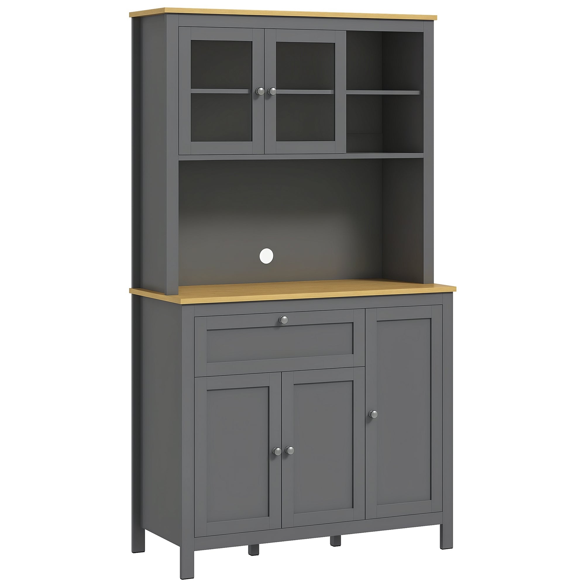 Kitchen Cabinet, kitchen buffet with worktop, large sideboard with 3 cupboards, drawer, niches, cable management, adjustable shelves and glass doors, modern style, 100x40x180 cm, gray