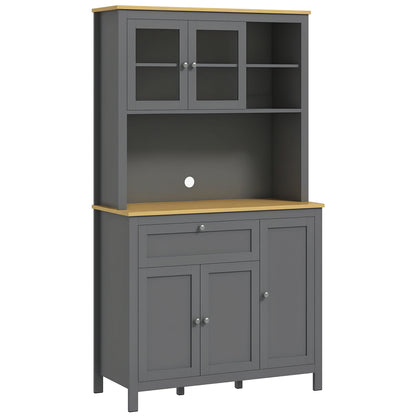Kitchen Cabinet, kitchen buffet with worktop, large sideboard with 3 cupboards, drawer, niches, cable management, adjustable shelves and glass doors, modern style, 100x40x180 cm, gray