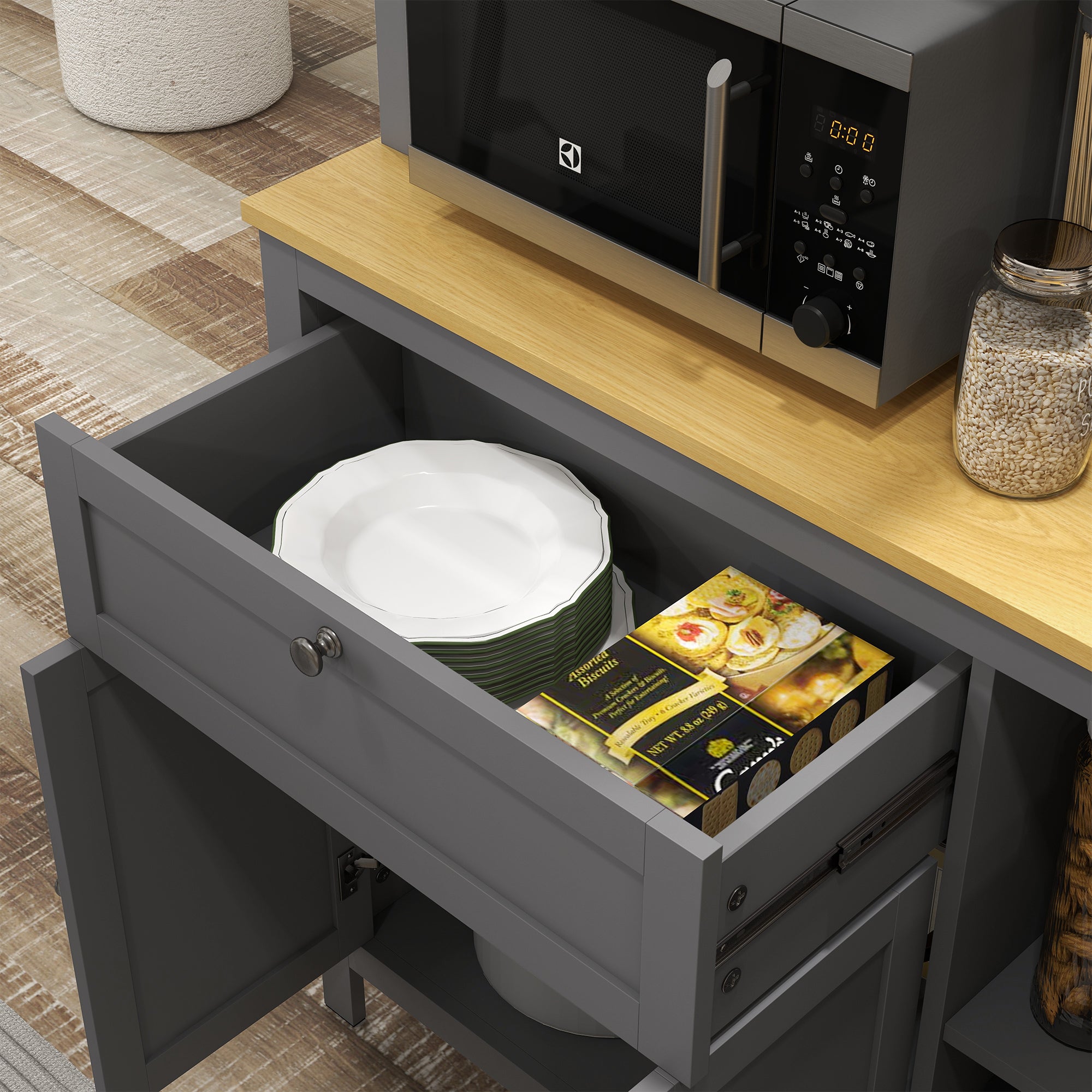 Kitchen Cabinet, kitchen buffet with worktop, large sideboard with 3 cupboards, drawer, niches, cable management, adjustable shelves and glass doors, modern style, 100x40x180 cm, gray