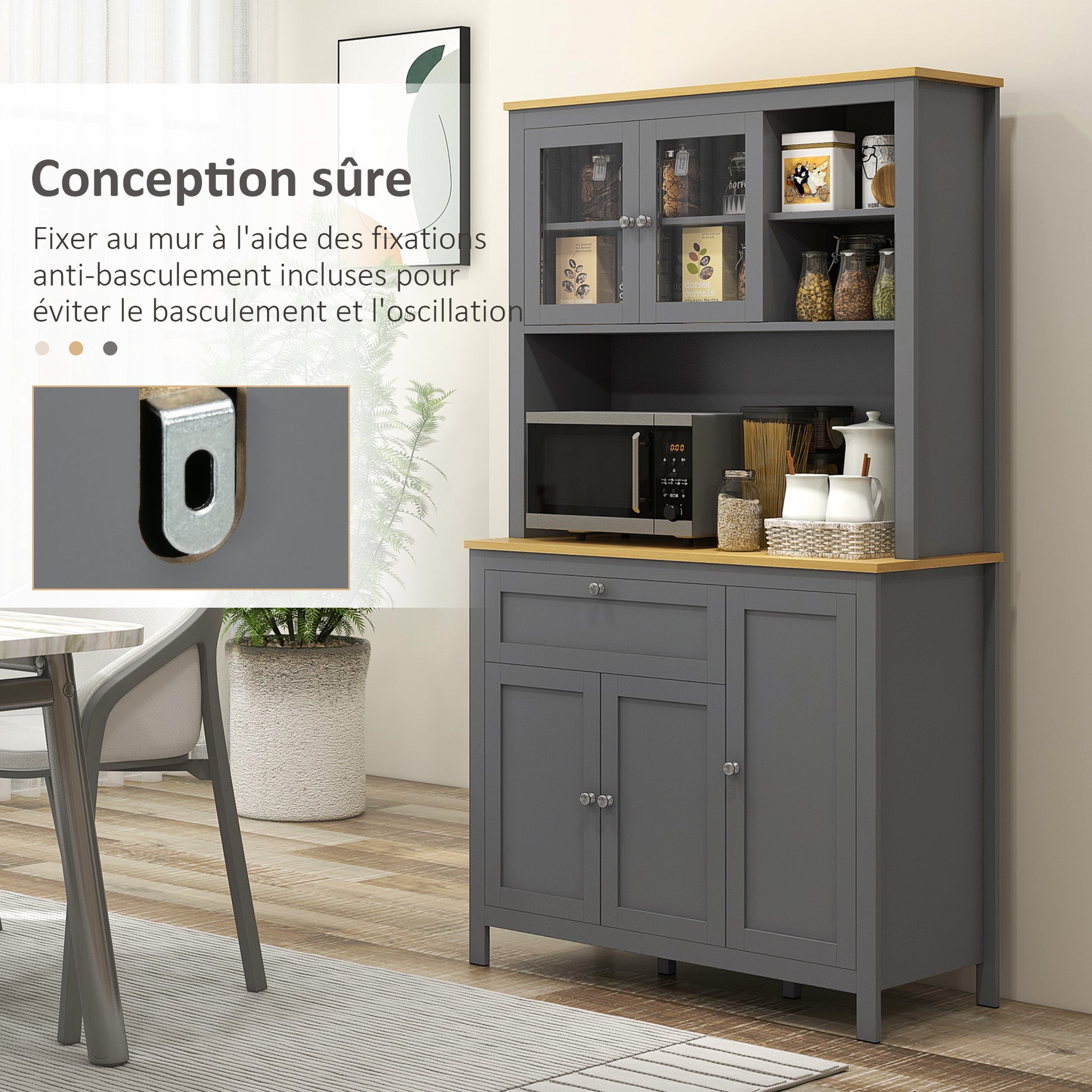 Kitchen Cabinet, kitchen buffet with worktop, large sideboard with 3 cupboards, drawer, niches, cable management, adjustable shelves and glass doors, modern style, 100x40x180 cm, gray
