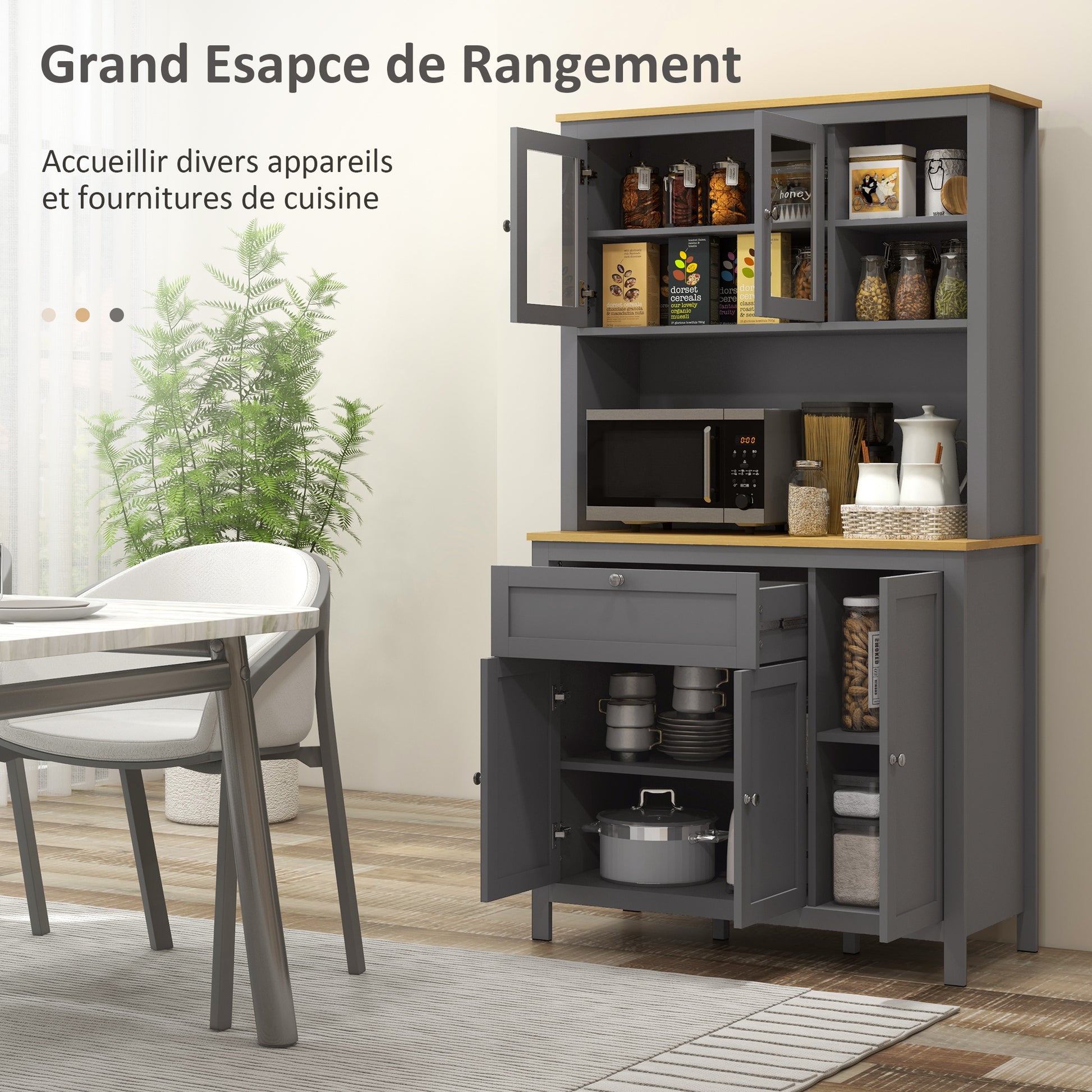 Kitchen Cabinet, kitchen buffet with worktop, large sideboard with 3 cupboards, drawer, niches, cable management, adjustable shelves and glass doors, modern style, 100x40x180 cm, gray