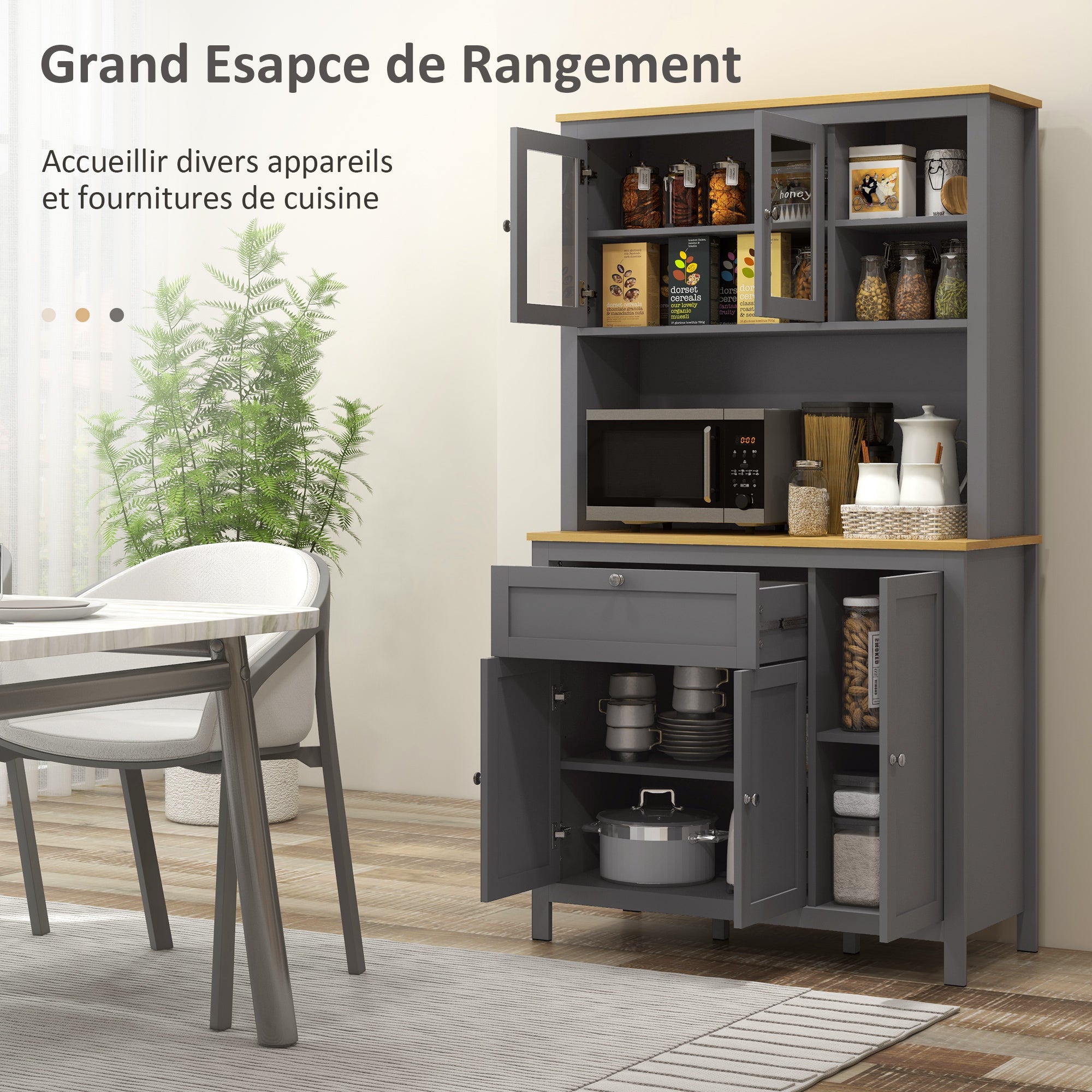 Kitchen Cabinet, kitchen buffet with worktop, large sideboard with 3 cupboards, drawer, niches, cable management, adjustable shelves and glass doors, modern style, 100x40x180 cm, gray