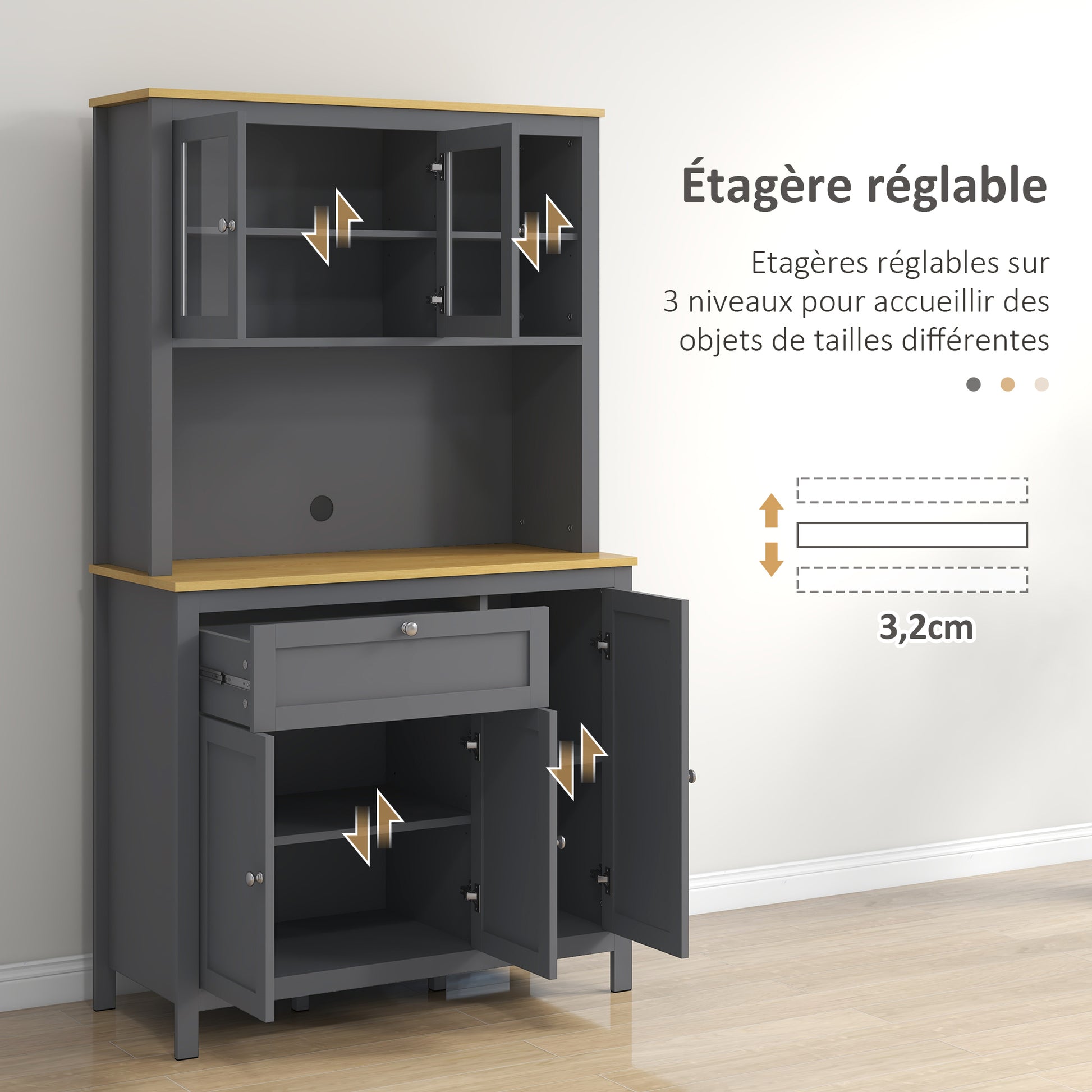 Kitchen Cabinet, kitchen buffet with worktop, large sideboard with 3 cupboards, drawer, niches, cable management, adjustable shelves and glass doors, modern style, 100x40x180 cm, gray