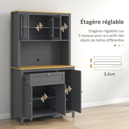 Kitchen Cabinet, kitchen buffet with worktop, large sideboard with 3 cupboards, drawer, niches, cable management, adjustable shelves and glass doors, modern style, 100x40x180 cm, gray