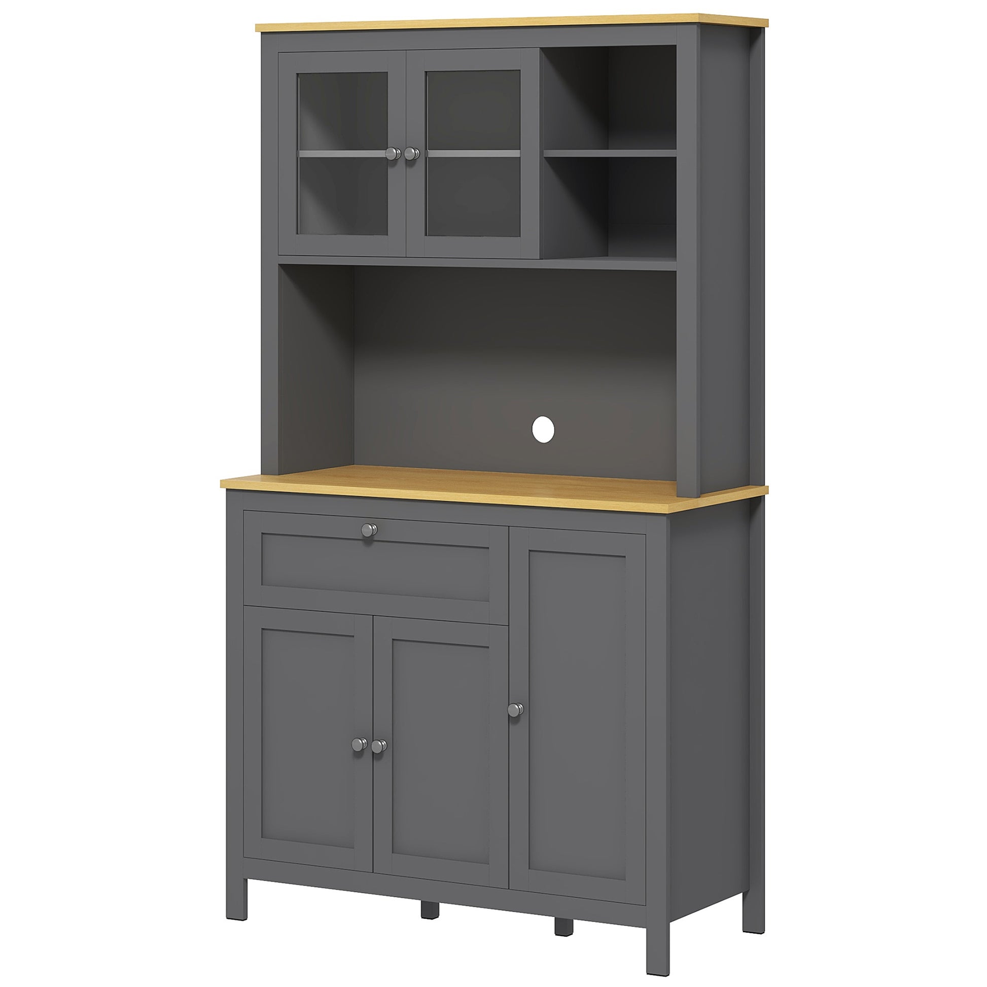 Kitchen Cabinet, kitchen buffet with worktop, large sideboard with 3 cupboards, drawer, niches, cable management, adjustable shelves and glass doors, modern style, 100x40x180 cm, gray