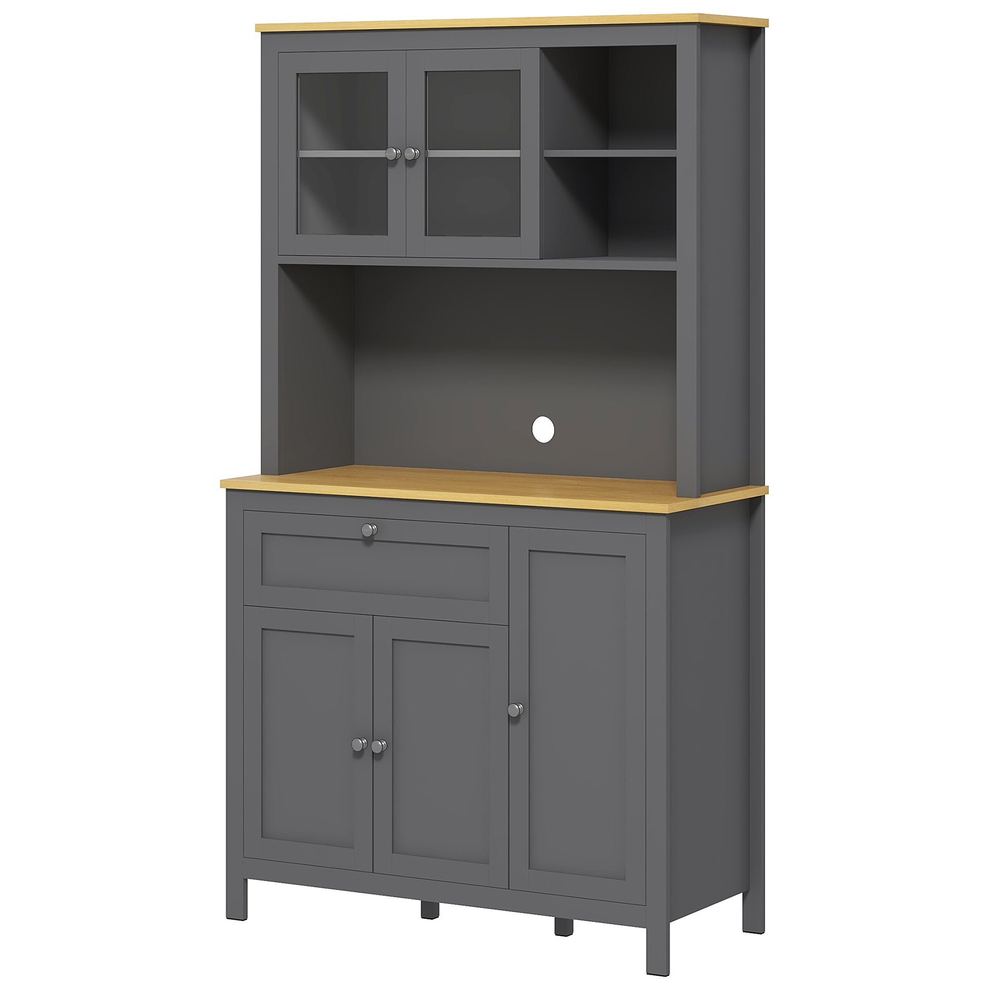 Kitchen Cabinet, kitchen buffet with worktop, large sideboard with 3 cupboards, drawer, niches, cable management, adjustable shelves and glass doors, modern style, 100x40x180 cm, gray
