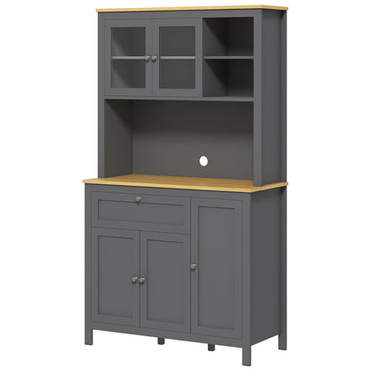 Kitchen Cabinet, kitchen buffet with worktop, large sideboard with 3 cupboards, drawer, niches, cable management, adjustable shelves and glass doors, modern style, 100x40x180 cm, gray