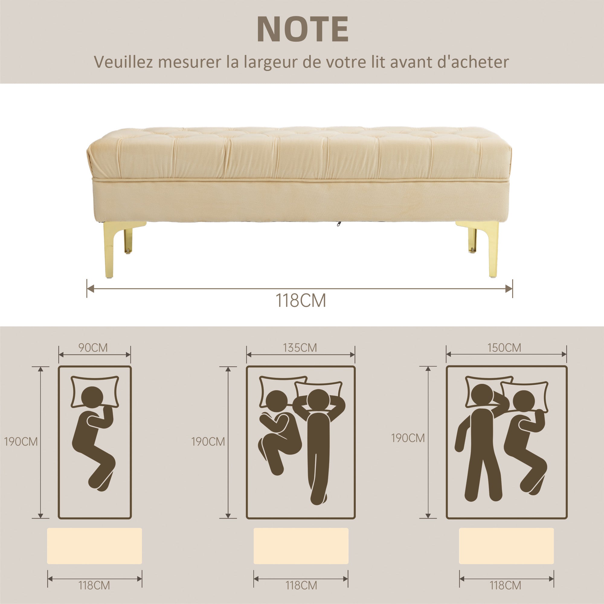 Upholstered bench end of bed bench classic chic style dim. 118L x 45W x 42H cm golden metal legs beige velvet