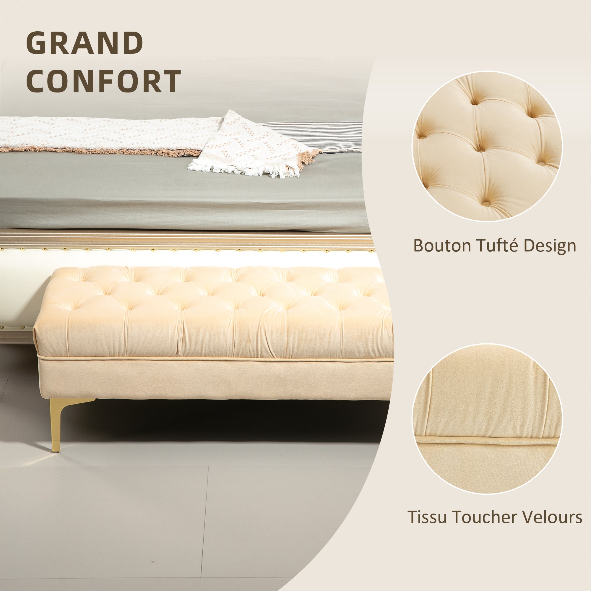 Upholstered bench end of bed bench classic chic style dim. 118L x 45W x 42H cm golden metal legs beige velvet