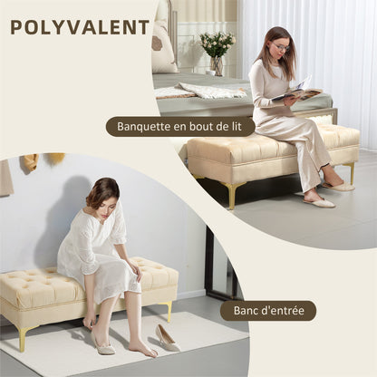 Upholstered bench end of bed bench classic chic style dim. 118L x 45W x 42H cm golden metal legs beige velvet