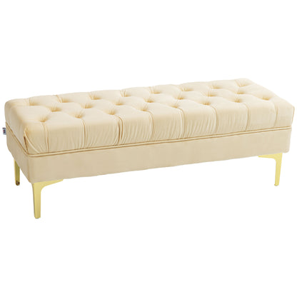 Upholstered bench end of bed bench classic chic style dim. 118L x 45W x 42H cm golden metal legs beige velvet