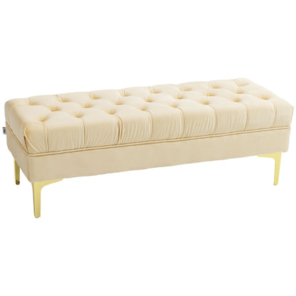 Upholstered bench end of bed bench classic chic style dim. 118L x 45W x 42H cm golden metal legs beige velvet