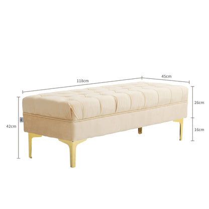 Upholstered bench end of bed bench classic chic style dim. 118L x 45W x 42H cm golden metal legs beige velvet