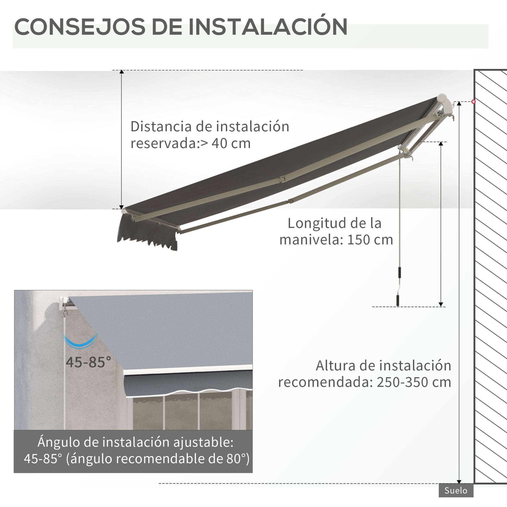 Manual Retractable Awning 3x2.5 m Balcony Awning with Metal Crank Waterproof and Anti-UV Exterior Roller Shade for Garden Terrace Windows Gray