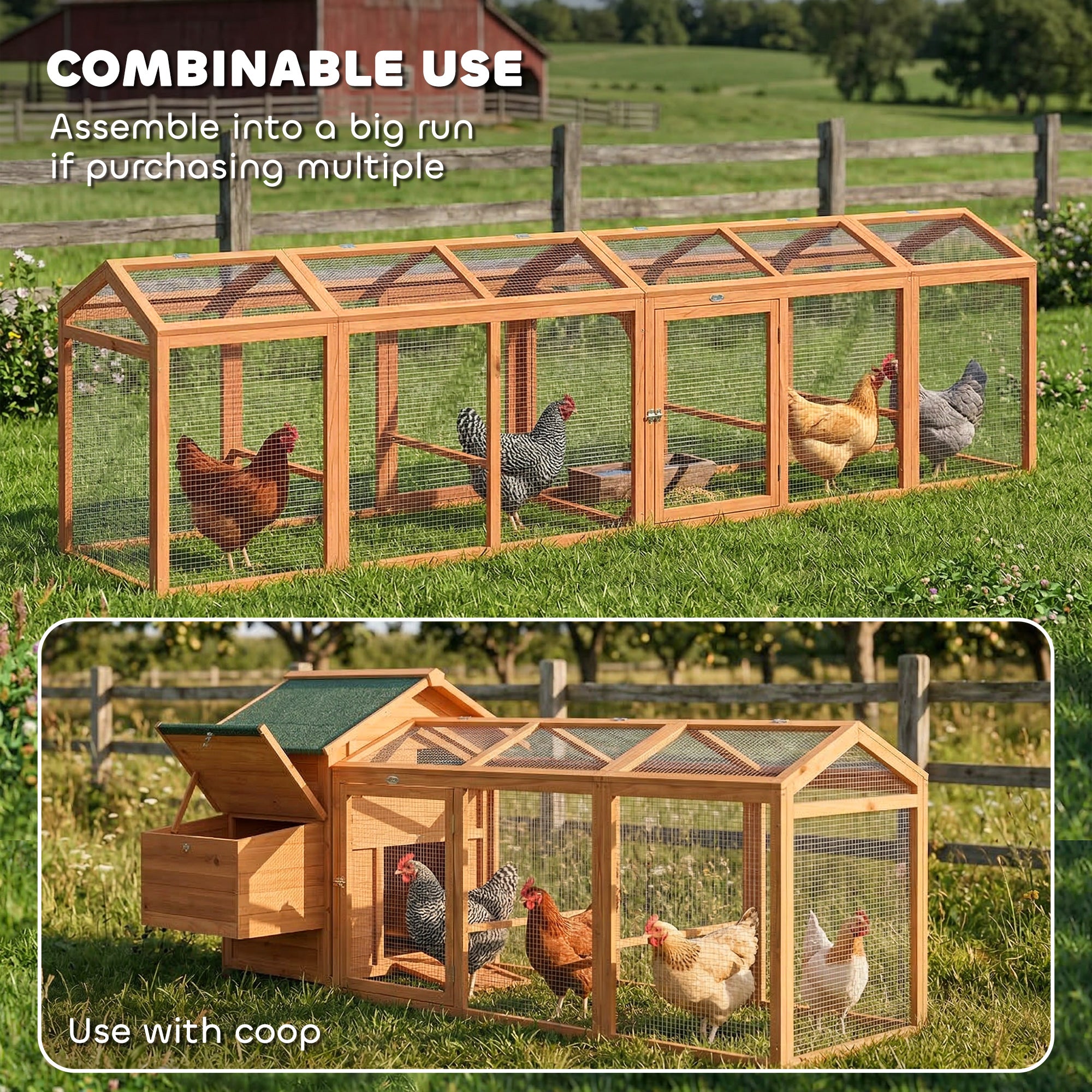 Chicken Coop 156 x 70.5 x 84 cm Run with Roost, Double Doors, Wood & Metal Enclosure, Outdoor Run for 4 Chickens, Orange