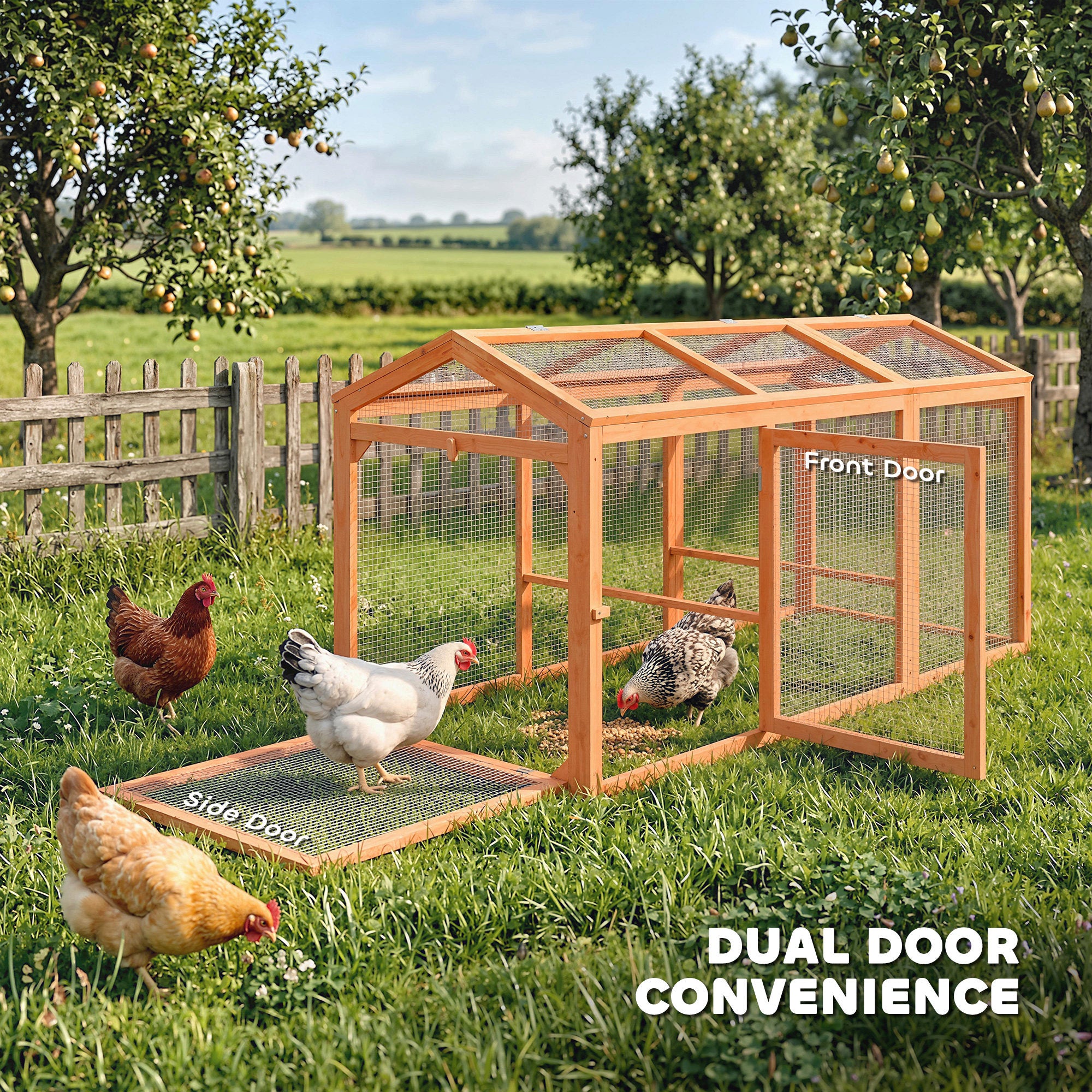 Chicken Coop 156 x 70.5 x 84 cm Run with Roost, Double Doors, Wood & Metal Enclosure, Outdoor Run for 4 Chickens, Orange