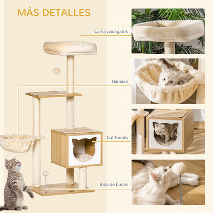 Cat Scratching Tree with Platform Height of 126 cm Climbing Tower for Cats with Hammock, House, Bed, Sisal Posts and Play Balls 48x40x126 cm Beige