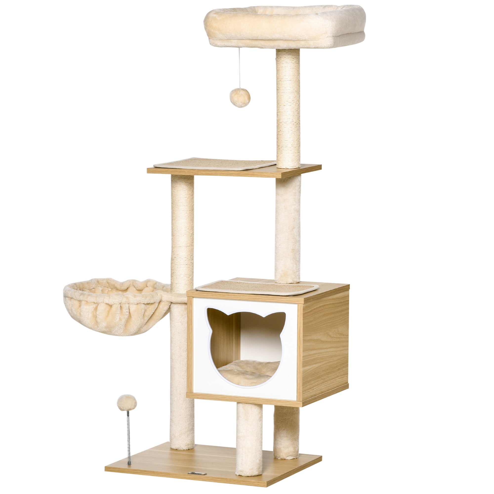Cat Scratching Tree with Platform Height of 126 cm Climbing Tower for Cats with Hammock, House, Bed, Sisal Posts and Play Balls 48x40x126 cm Beige