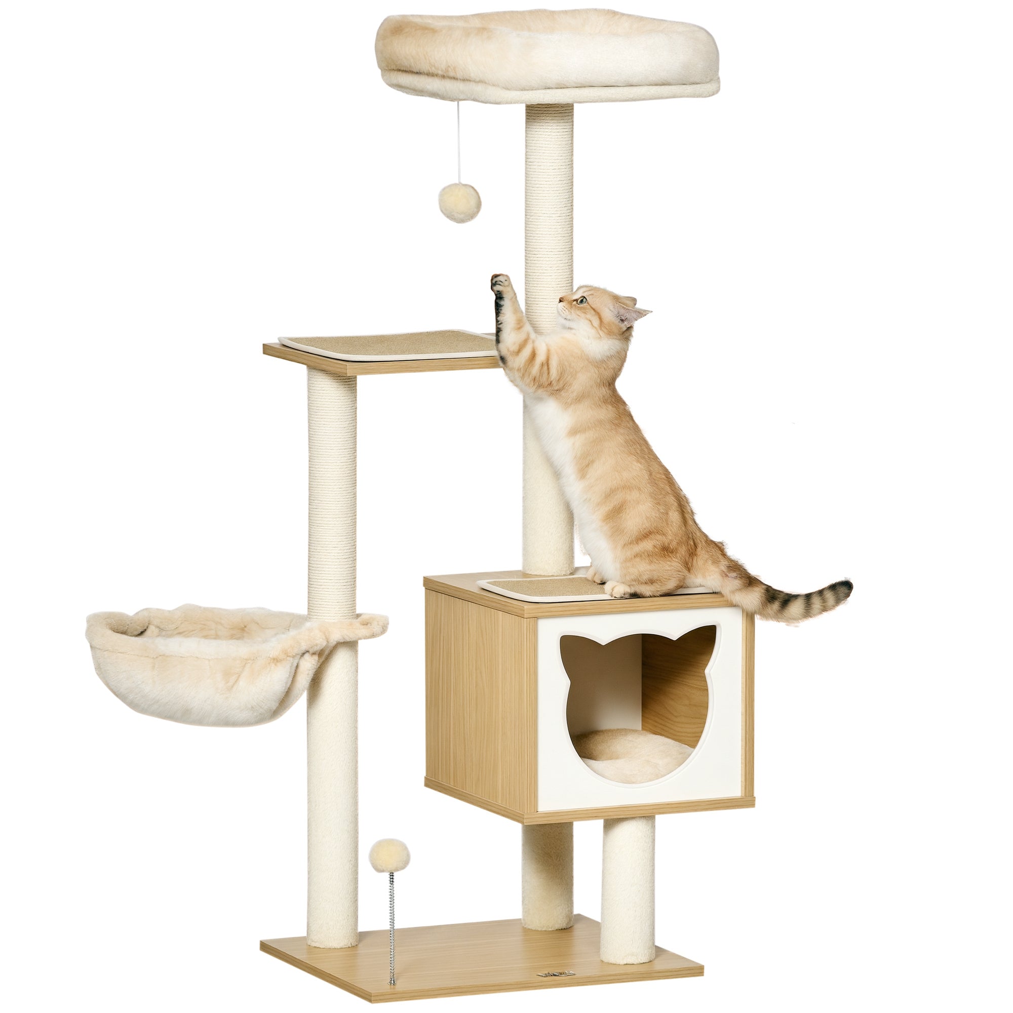 Cat Scratching Tree with Platform Height of 126 cm Climbing Tower for Cats with Hammock, House, Bed, Sisal Posts and Play Balls 48x40x126 cm Beige