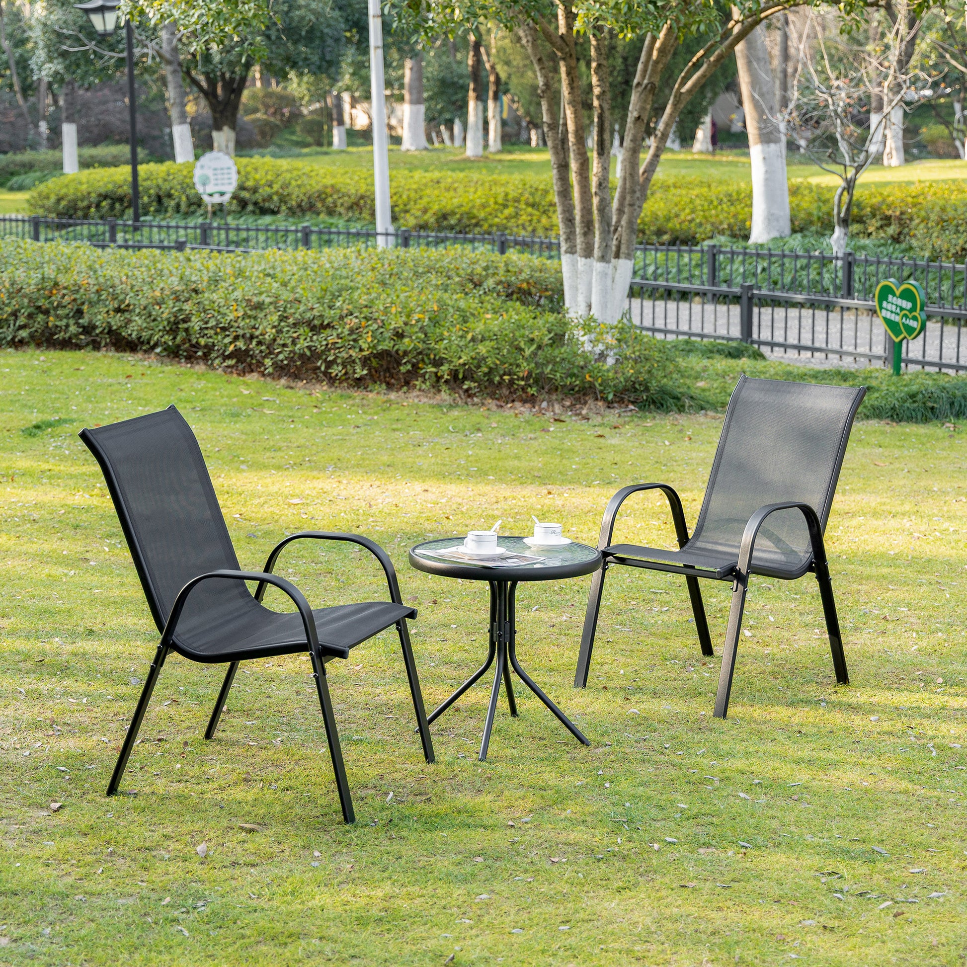 Garden Chair 2-Pack Weatherproof Stackable Garden Chairs with Armrests High Backrest Patio Chair Up to 120 kg Load Capacity Outdoor Furniture for Backyard, Garden, Balcony Black