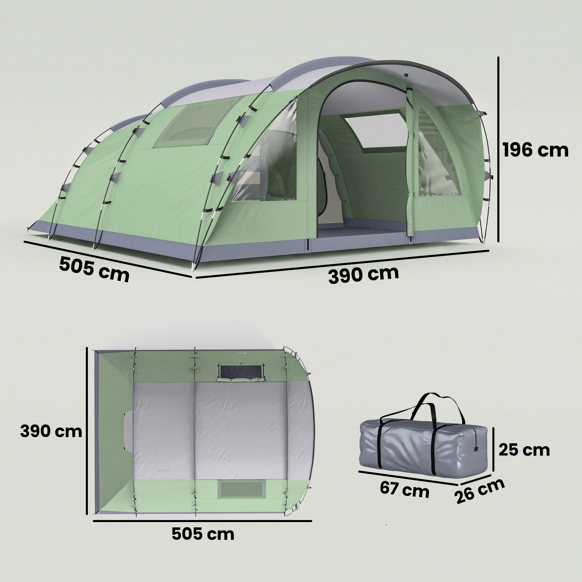 2–4 Person Tunnel Family Tent — 196 cm (6'5") High, 2 Bedrooms, 3000 mm Waterproof, Front Porch & 4 Windows — Light Green