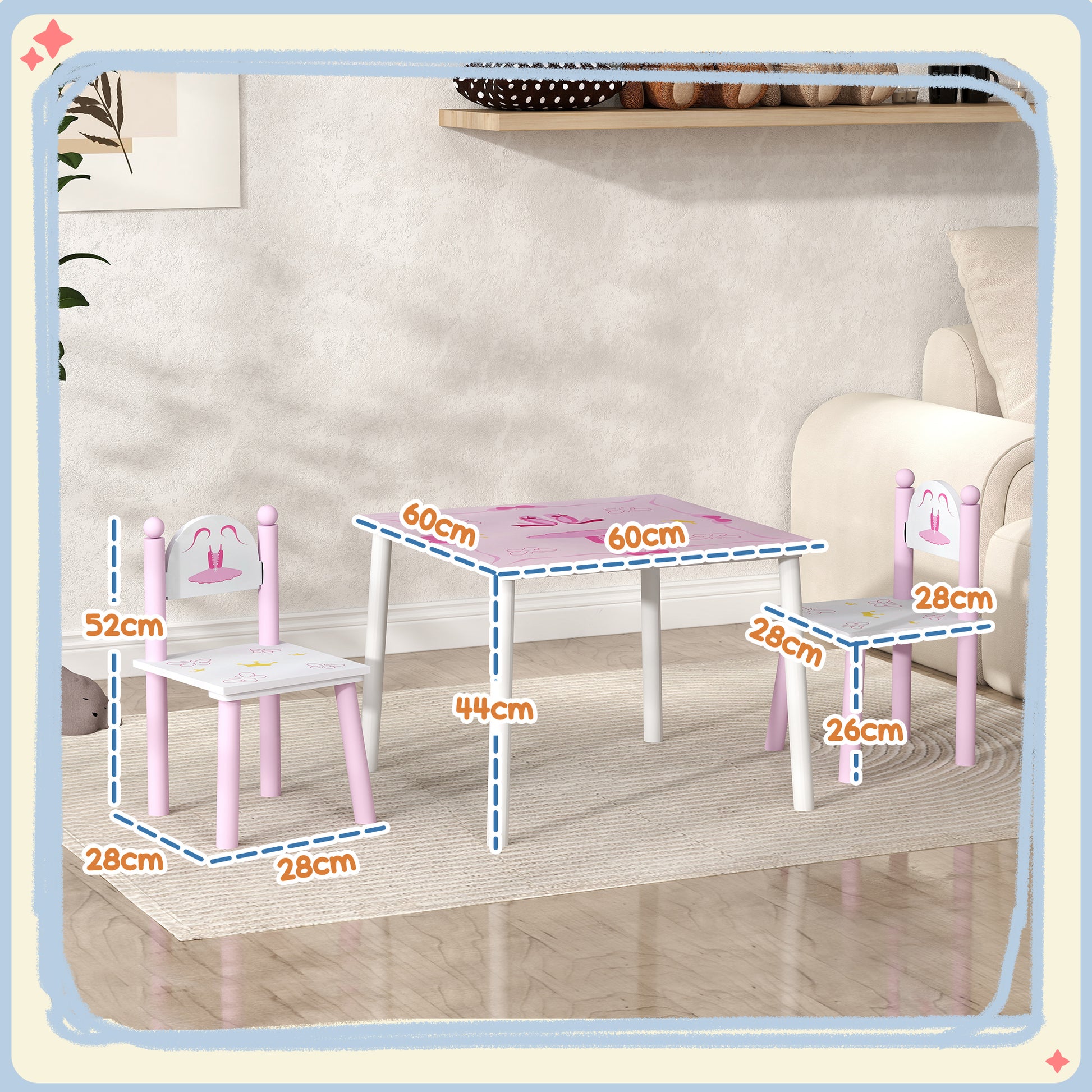 Kids Table and Chairs for Children 2-5 Years Kids Table with 3-Piece Princess Style Chairs for Playroom Bedroom Nursery Pink and White
