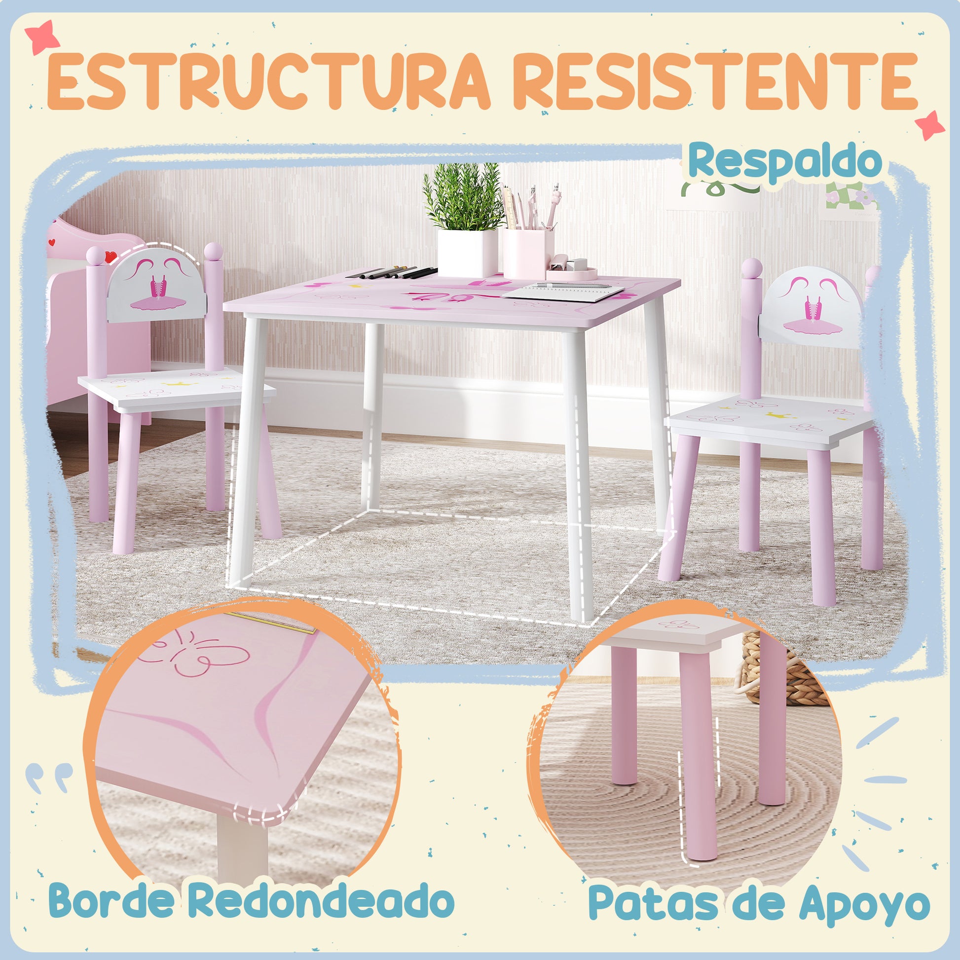Kids Table and Chairs for Children 2-5 Years Kids Table with 3-Piece Princess Style Chairs for Playroom Bedroom Nursery Pink and White