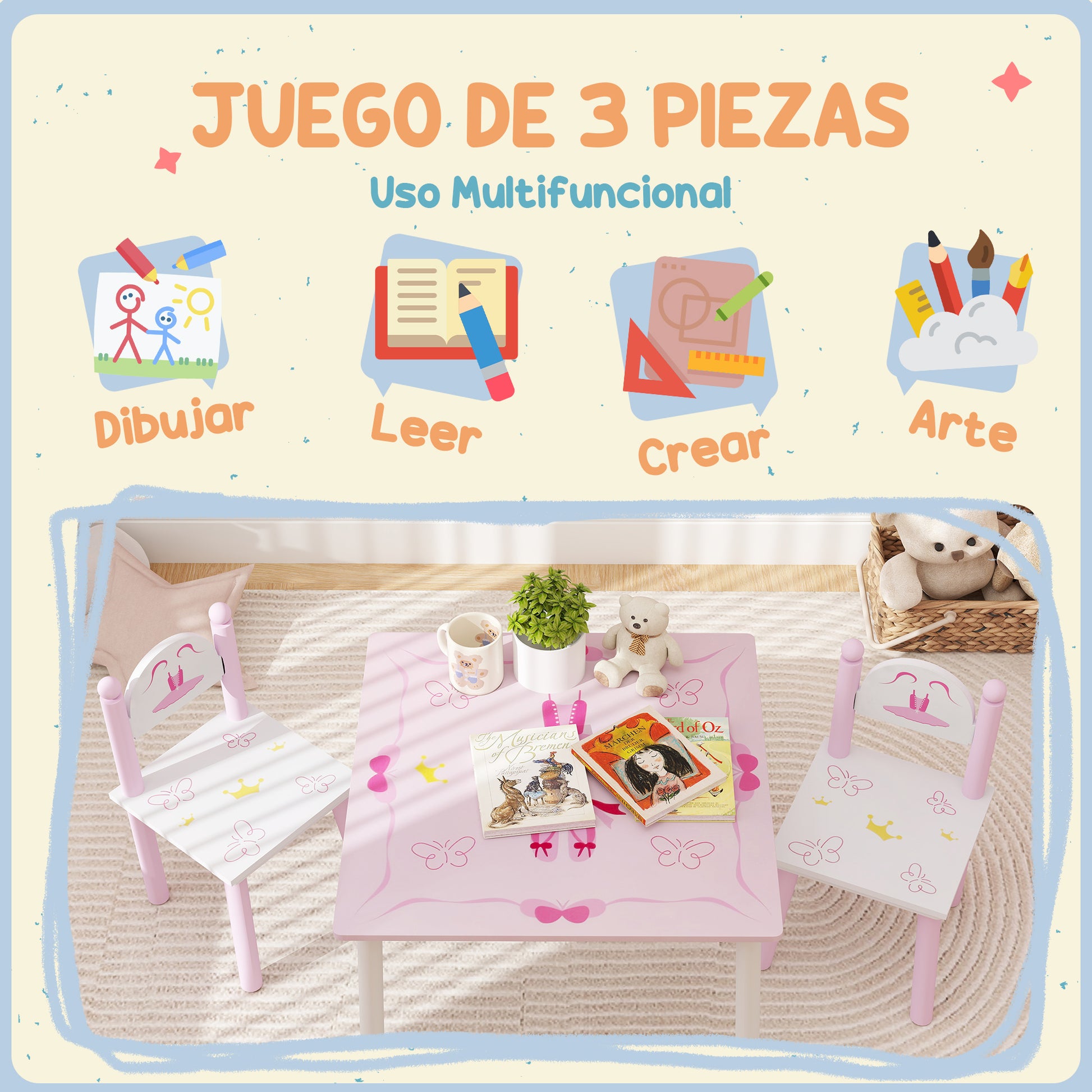 Kids Table and Chairs for Children 2-5 Years Kids Table with 3-Piece Princess Style Chairs for Playroom Bedroom Nursery Pink and White