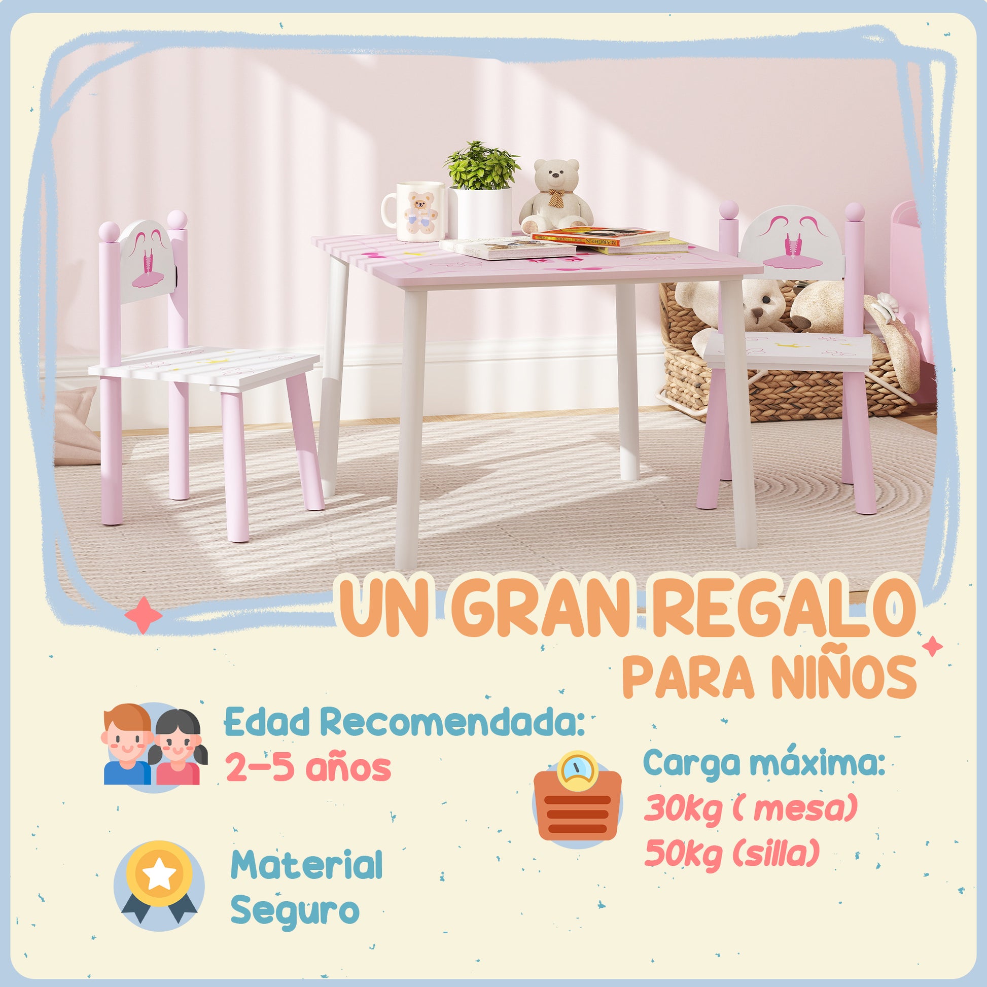 Kids Table and Chairs for Children 2-5 Years Kids Table with 3-Piece Princess Style Chairs for Playroom Bedroom Nursery Pink and White