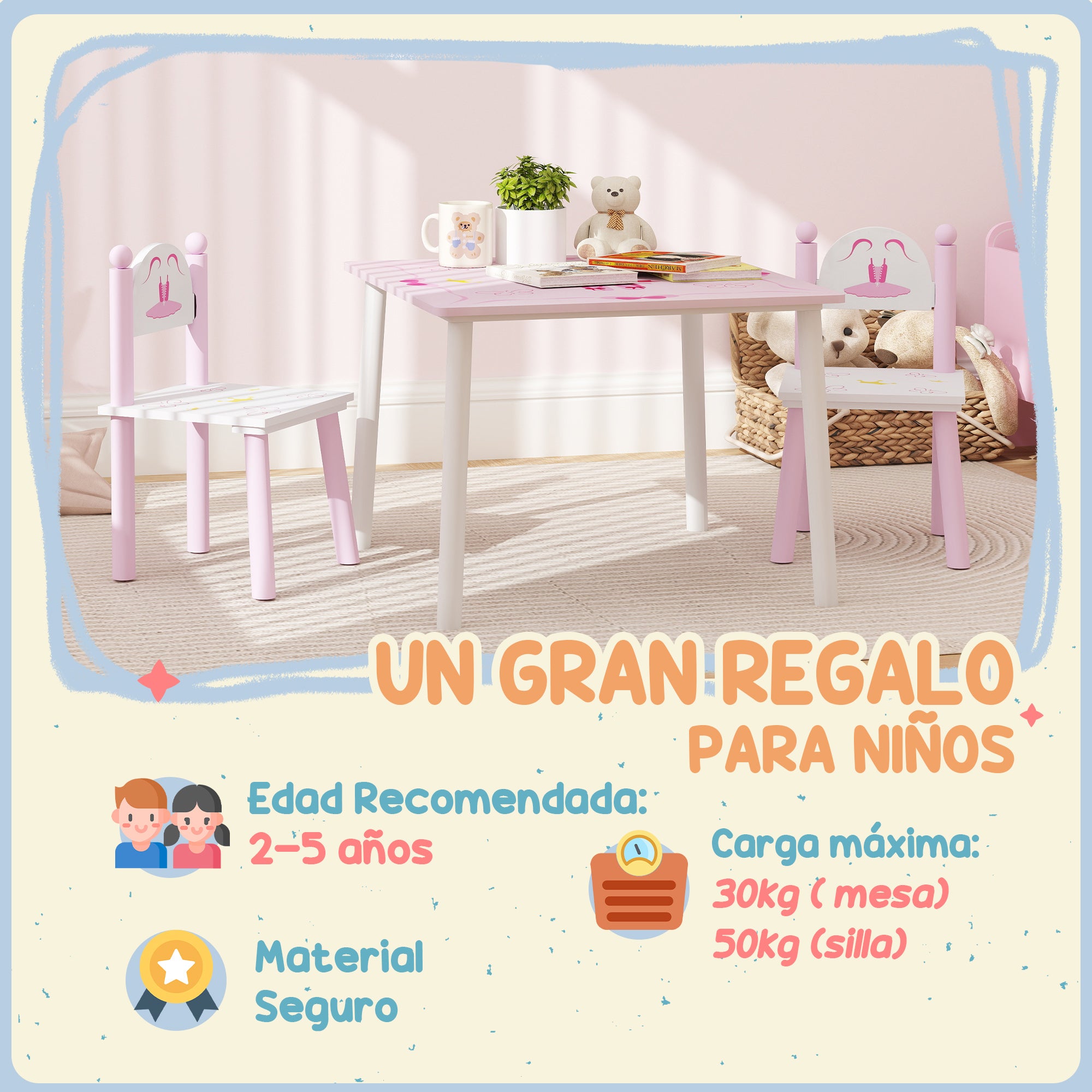 Kids Table and Chairs for Children 2-5 Years Kids Table with 3-Piece Princess Style Chairs for Playroom Bedroom Nursery Pink and White