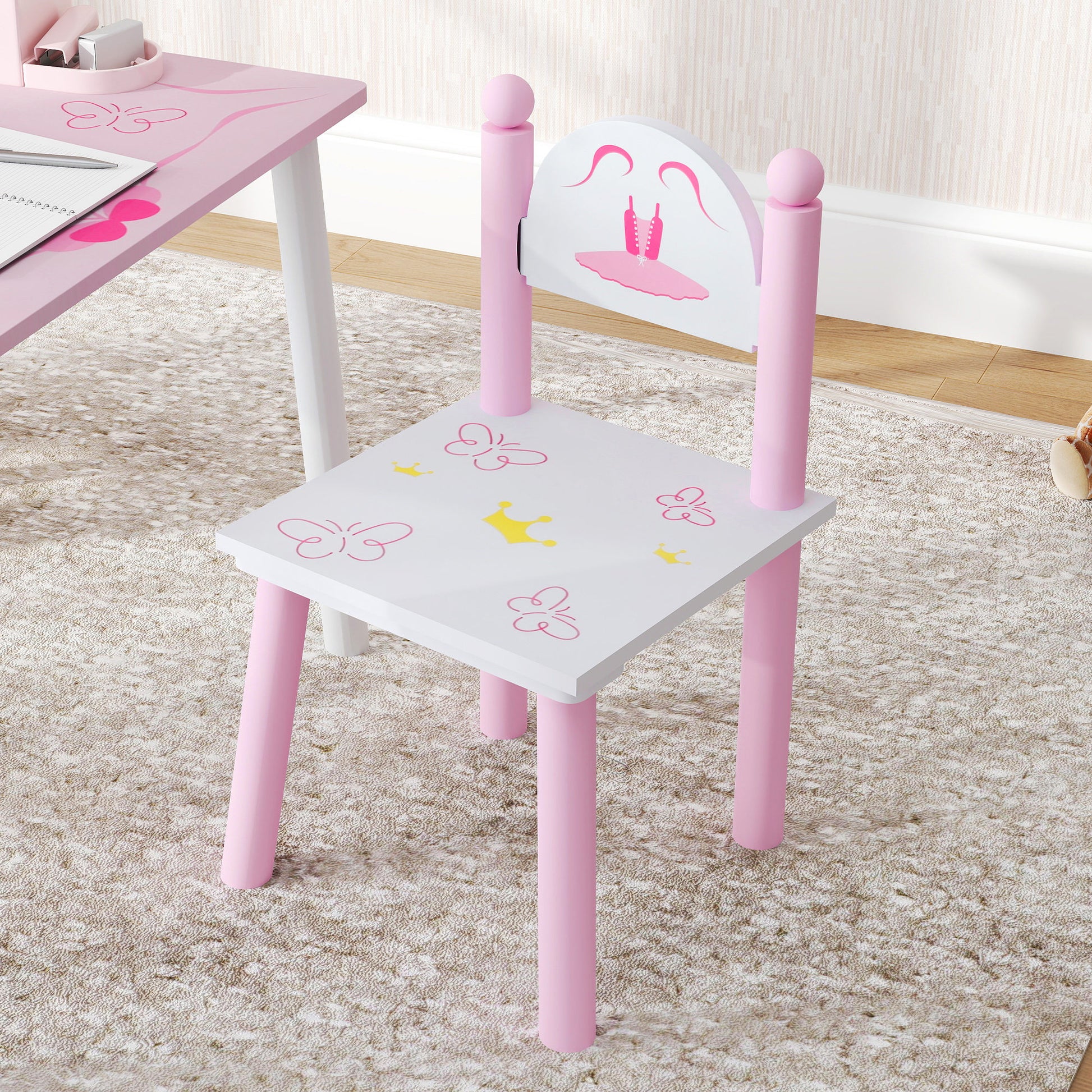 Kids Table and Chairs for Children 2-5 Years Kids Table with 3-Piece Princess Style Chairs for Playroom Bedroom Nursery Pink and White