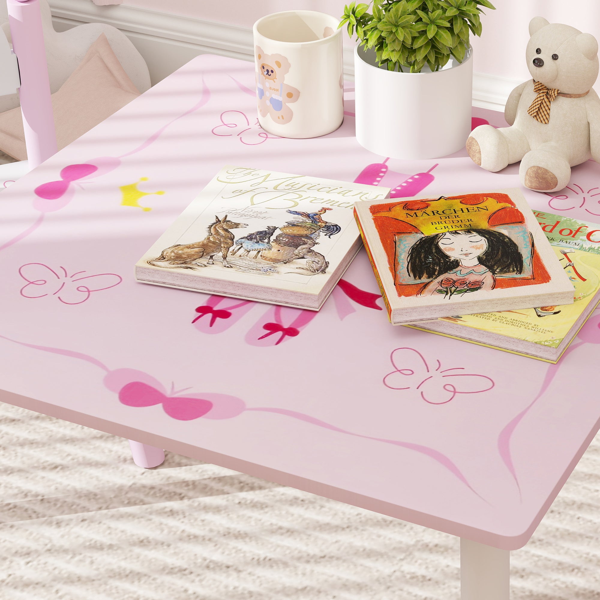 Kids Table and Chairs for Children 2-5 Years Kids Table with 3-Piece Princess Style Chairs for Playroom Bedroom Nursery Pink and White