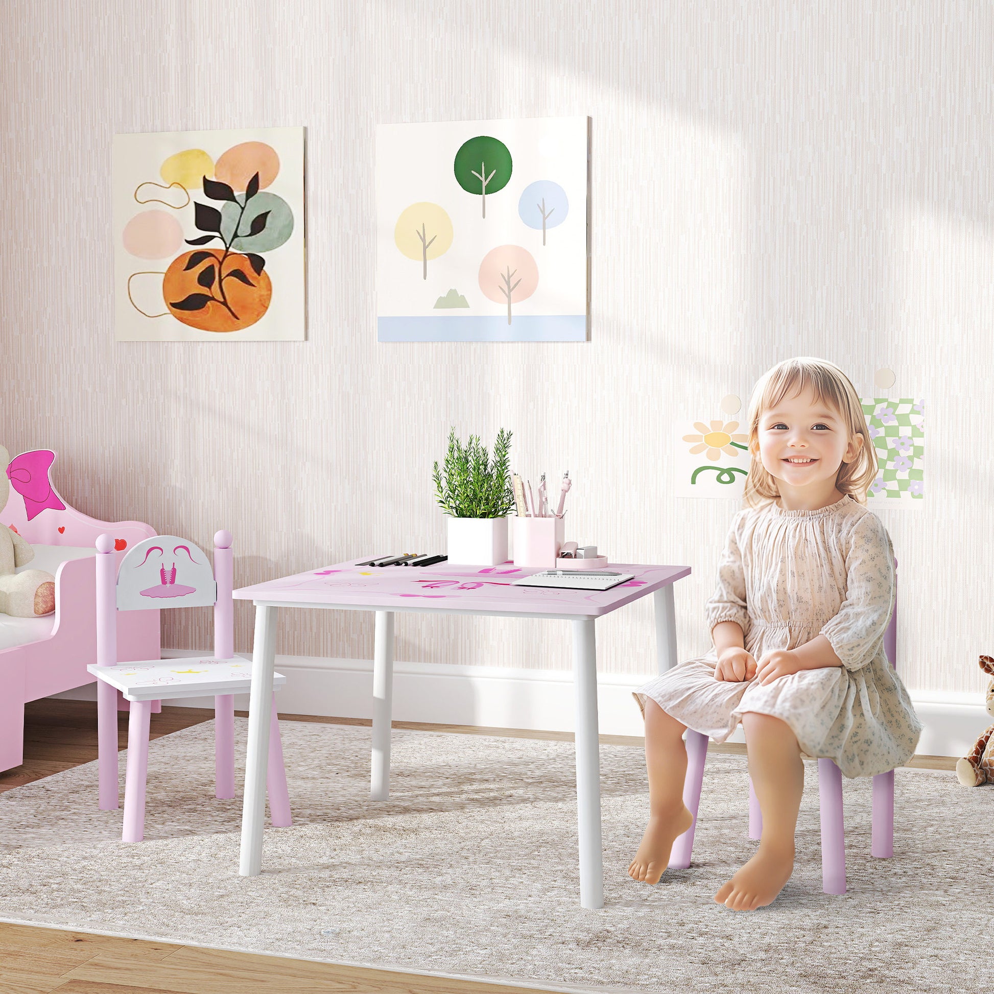 Kids Table and Chairs for Children 2-5 Years Kids Table with 3-Piece Princess Style Chairs for Playroom Bedroom Nursery Pink and White