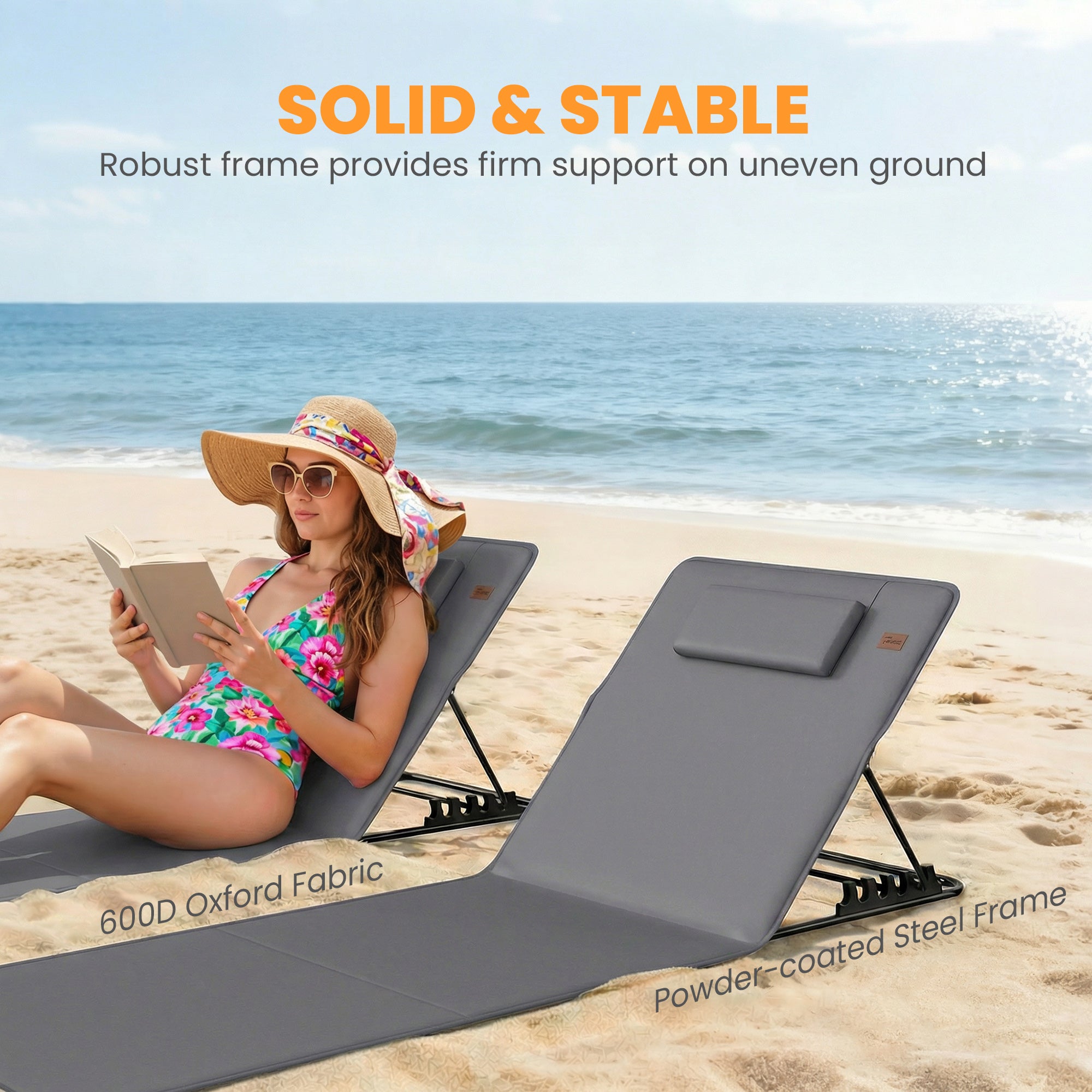2-Pack Folding Beach Loungers with Adjustable Backrest, Pillow & Carry Bag – Dark Gray