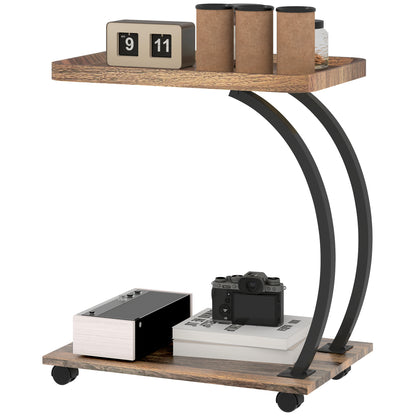 Side Table with Wheels Sofa Side Table with Upper Tray Steel Frame Side Table for Living Room Bedroom Brown