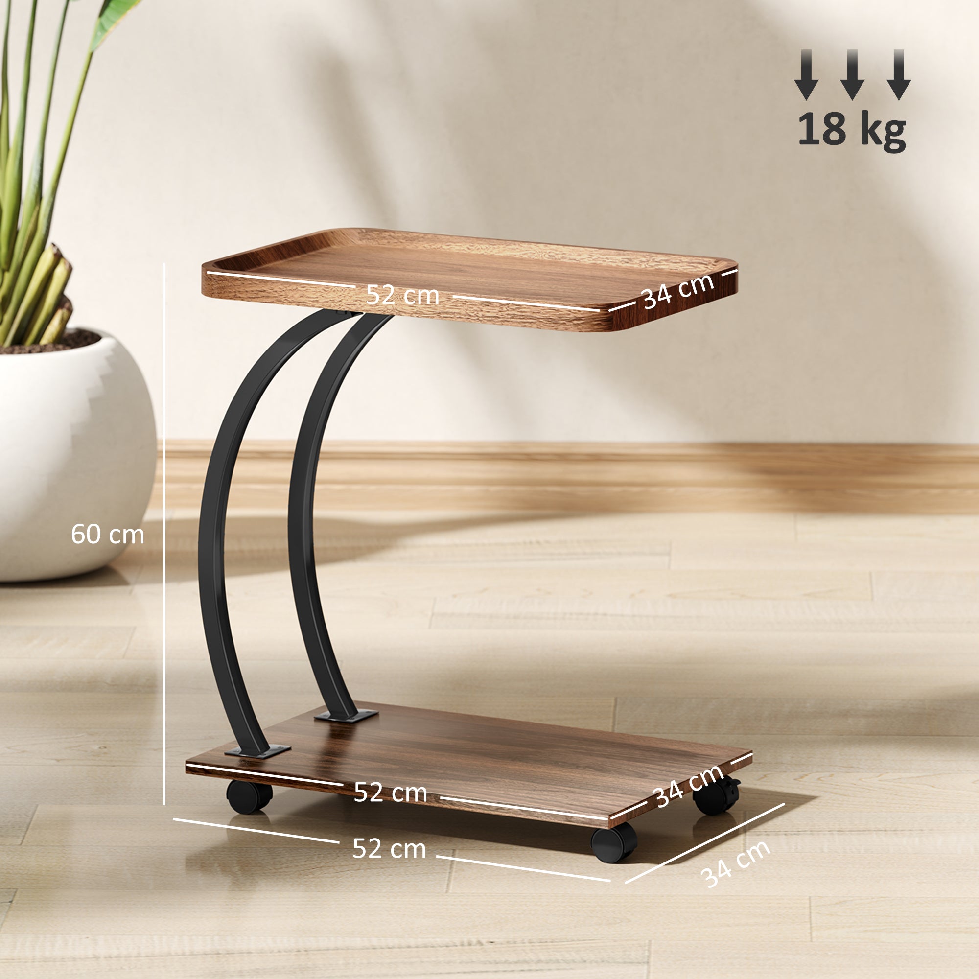 Side Table with Wheels Sofa Side Table with Upper Tray Steel Frame Side Table for Living Room Bedroom Brown