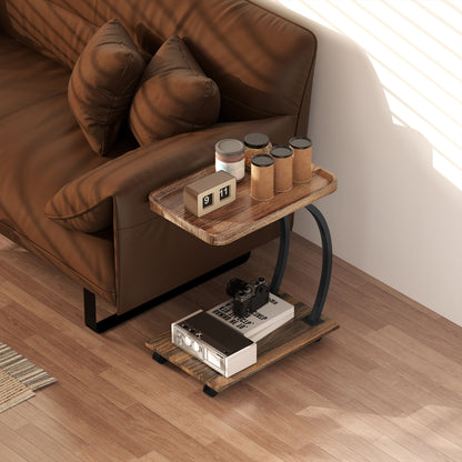 Side Table with Wheels Sofa Side Table with Upper Tray Steel Frame Side Table for Living Room Bedroom Brown