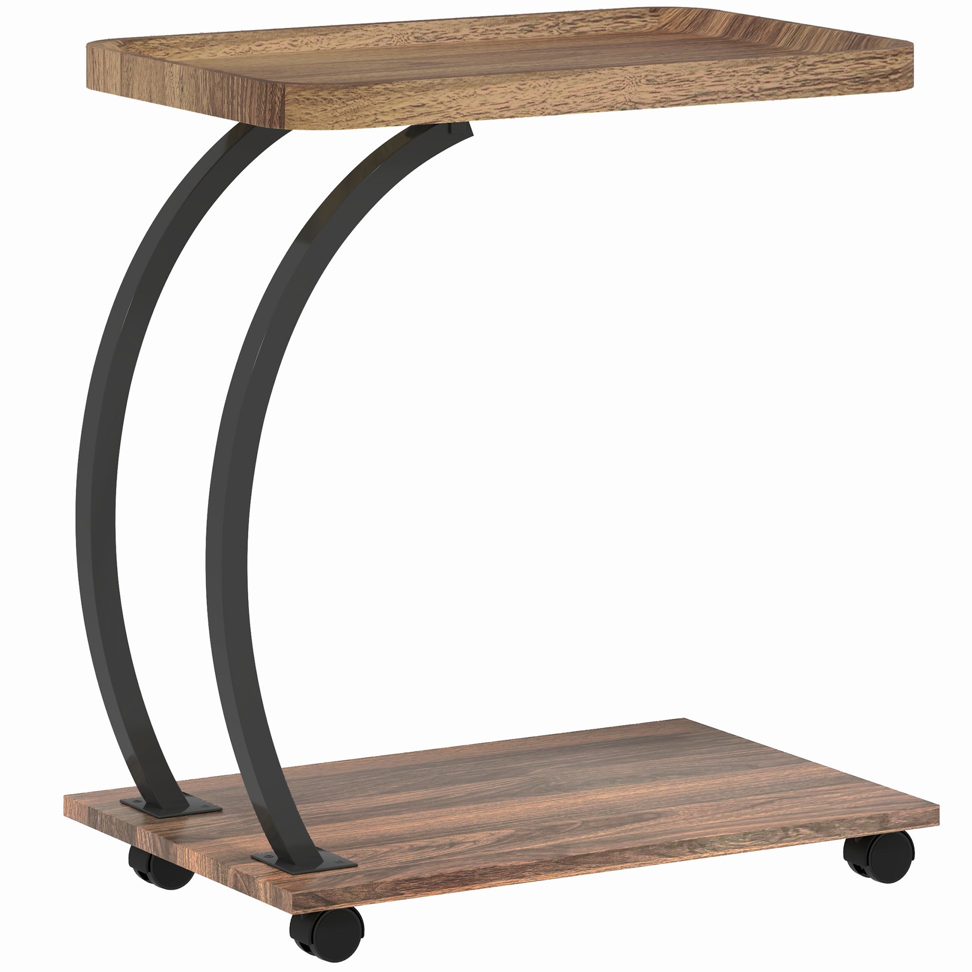 Side Table with Wheels Sofa Side Table with Upper Tray Steel Frame Side Table for Living Room Bedroom Brown