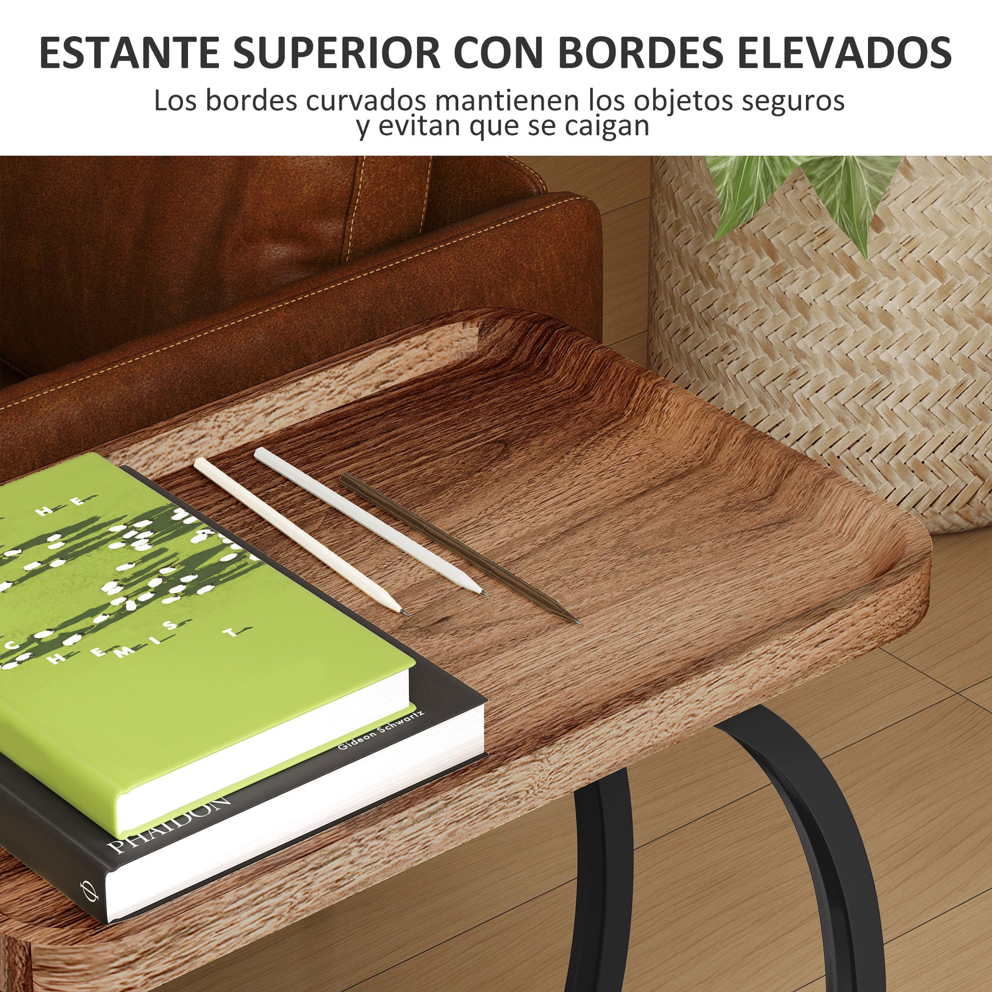 Side Table with Wheels Sofa Side Table with Upper Tray Steel Frame Side Table for Living Room Bedroom Brown