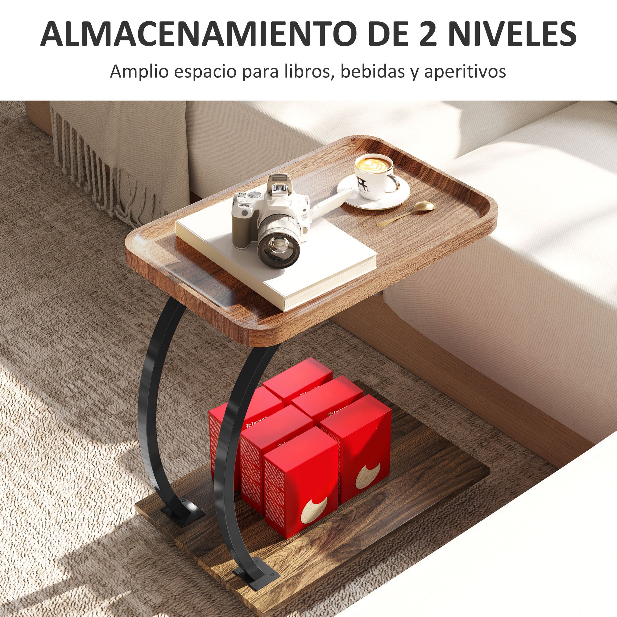 Side Table with Wheels Sofa Side Table with Upper Tray Steel Frame Side Table for Living Room Bedroom Brown