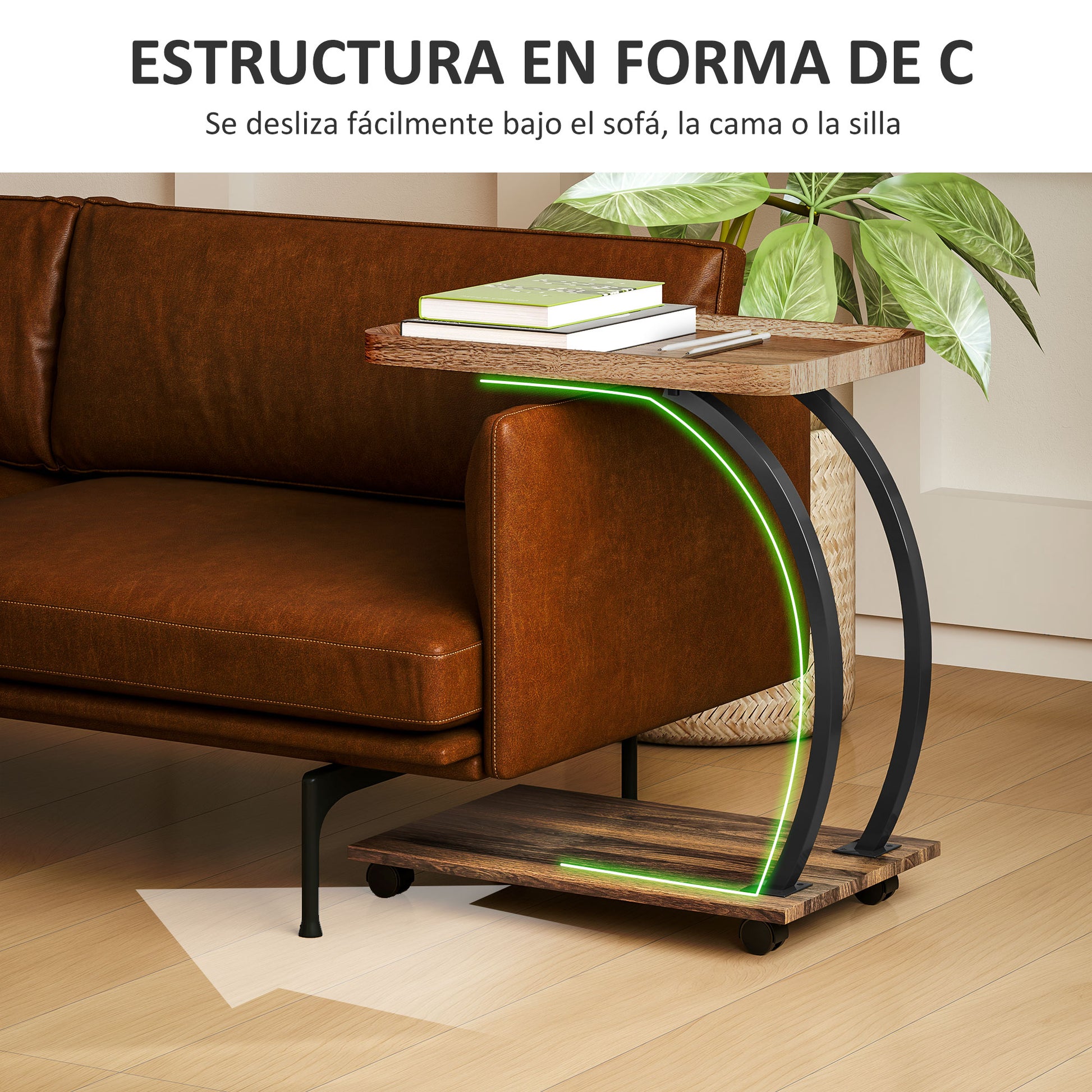 Side Table with Wheels Sofa Side Table with Upper Tray Steel Frame Side Table for Living Room Bedroom Brown