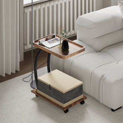 Side Table with Wheels Sofa Side Table with Upper Tray Steel Frame Side Table for Living Room Bedroom Brown
