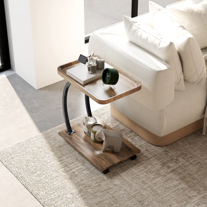 Side Table with Wheels Sofa Side Table with Upper Tray Steel Frame Side Table for Living Room Bedroom Brown